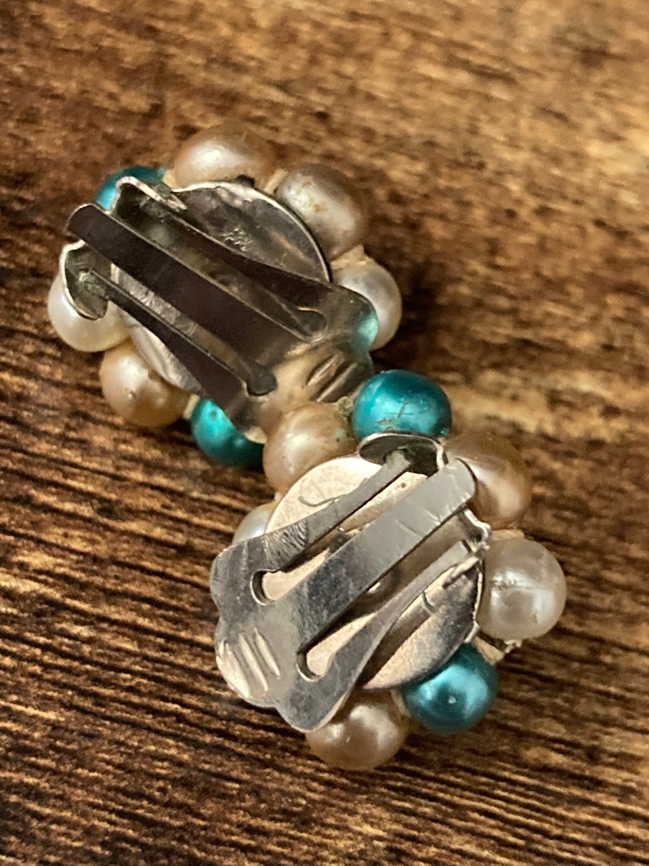 Vintage brown teal pink faux pearl glass beaded Cluster Clip On Earrings