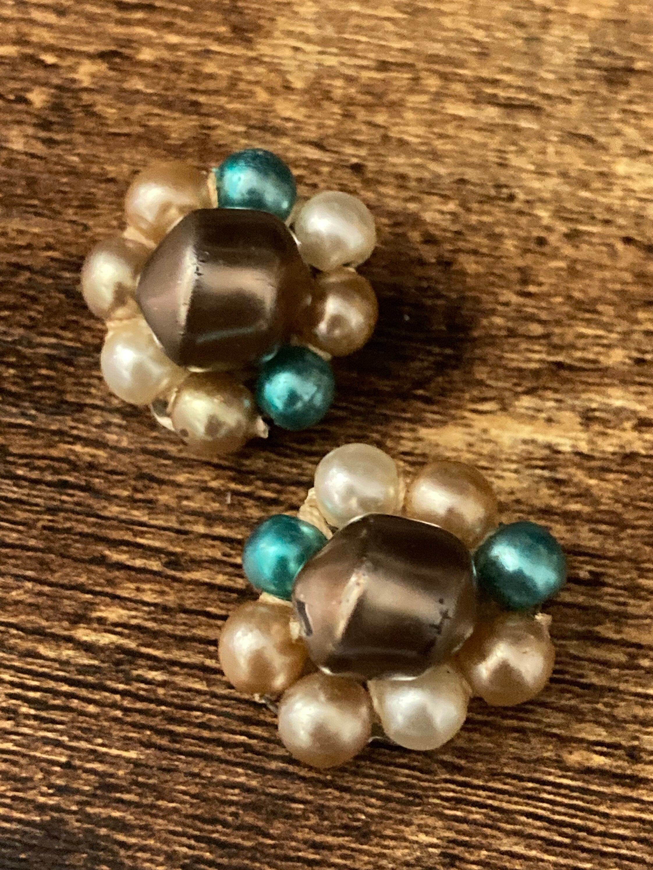 Vintage brown teal pink faux pearl glass beaded Cluster Clip On Earrings