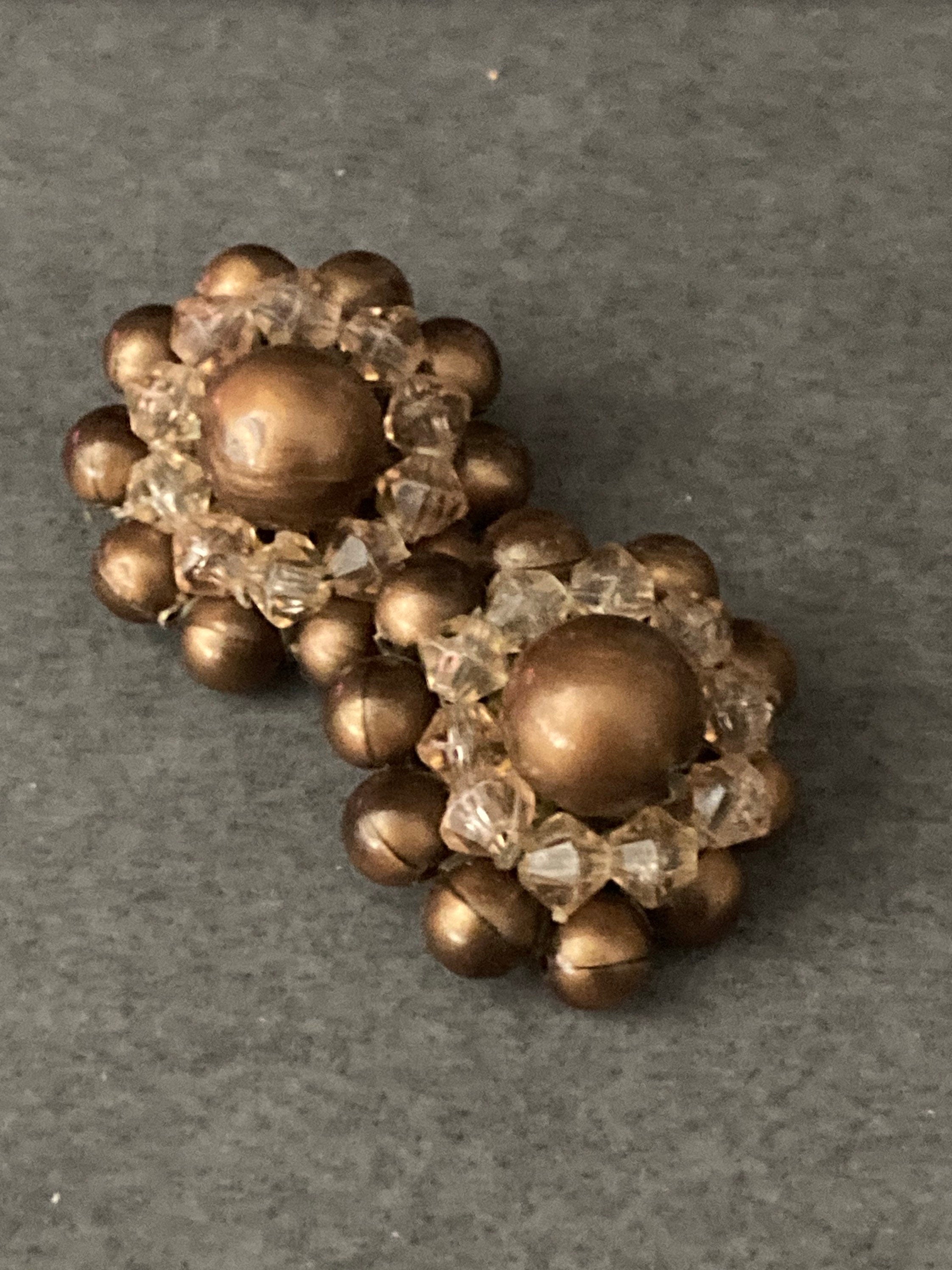 Signed west Germany Vintage brown crystal beaded glass Cluster Clip On Earrings