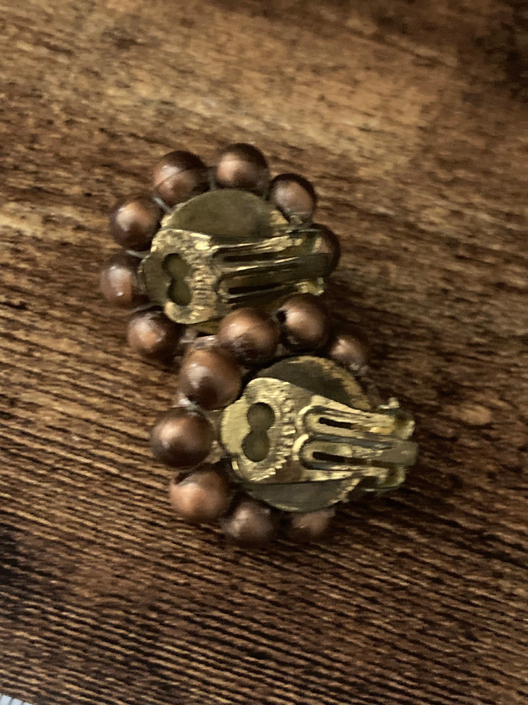 Signed west Germany Vintage brown crystal beaded glass Cluster Clip On Earrings