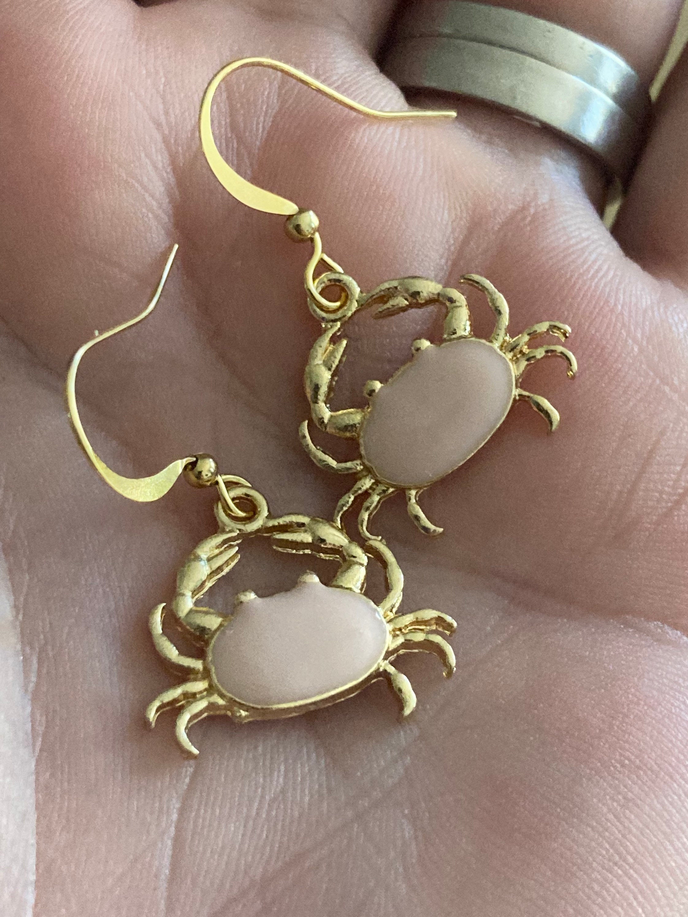 Pink enamel gold tone crab earrings pierced ears Cornish