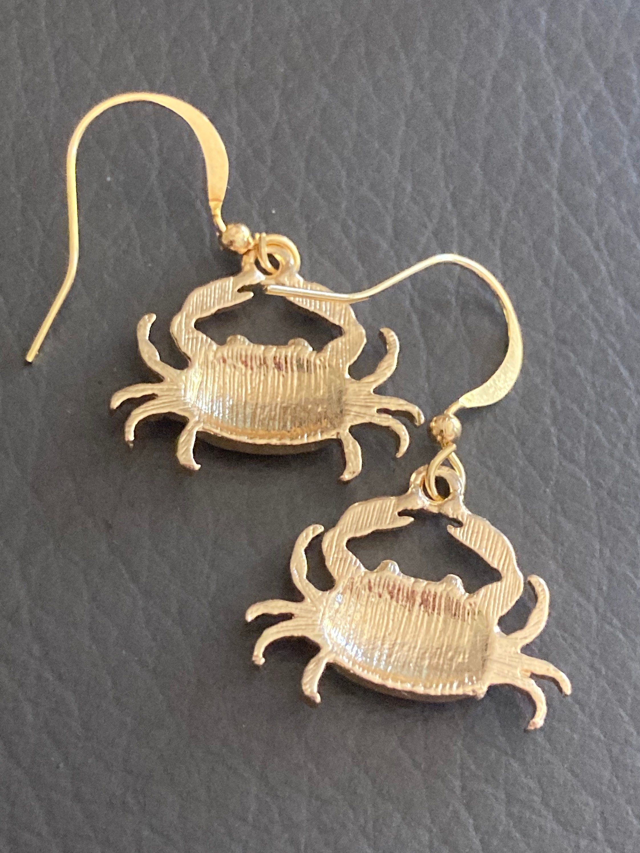 Pink enamel gold tone crab earrings pierced ears Cornish