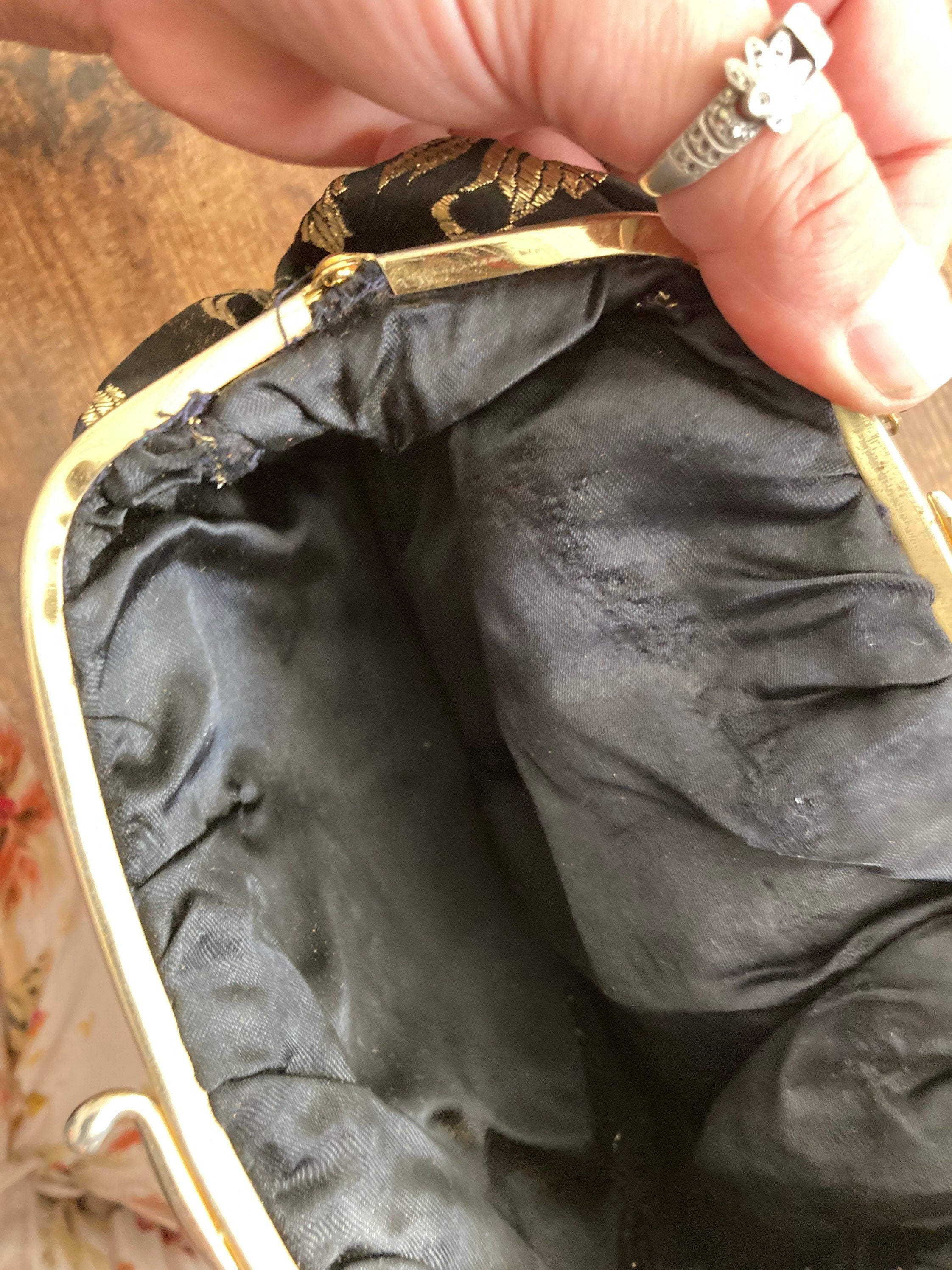 Vintage 1970s Black Gold Lurex Thread work make up cosmetic Evening Purse