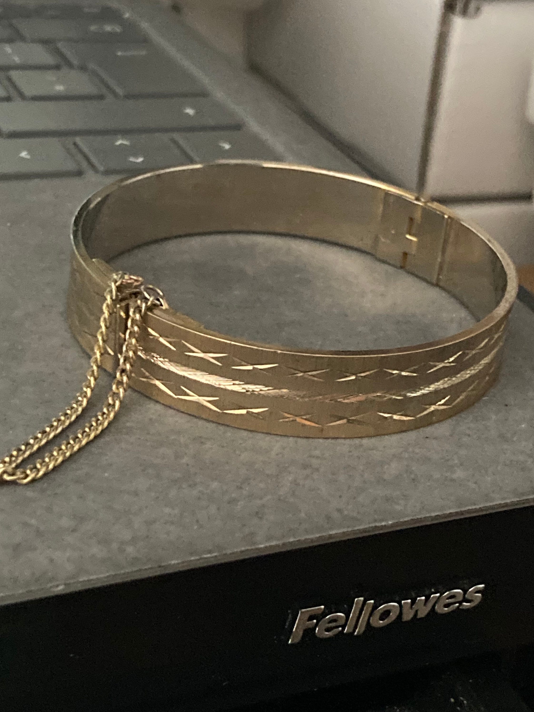 1980s Champagne Gold tone etched wide clamper Bangle