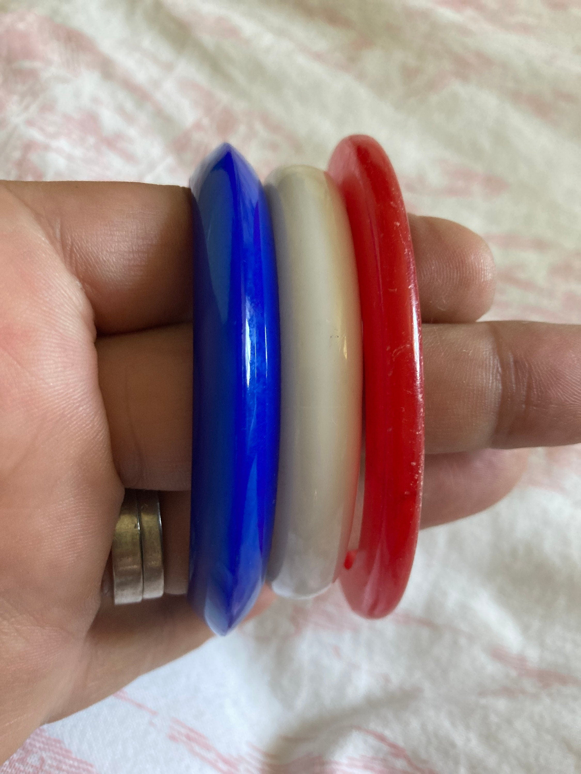 Slim wrist RED WHITE BLUE stack of vintage plastic bangles