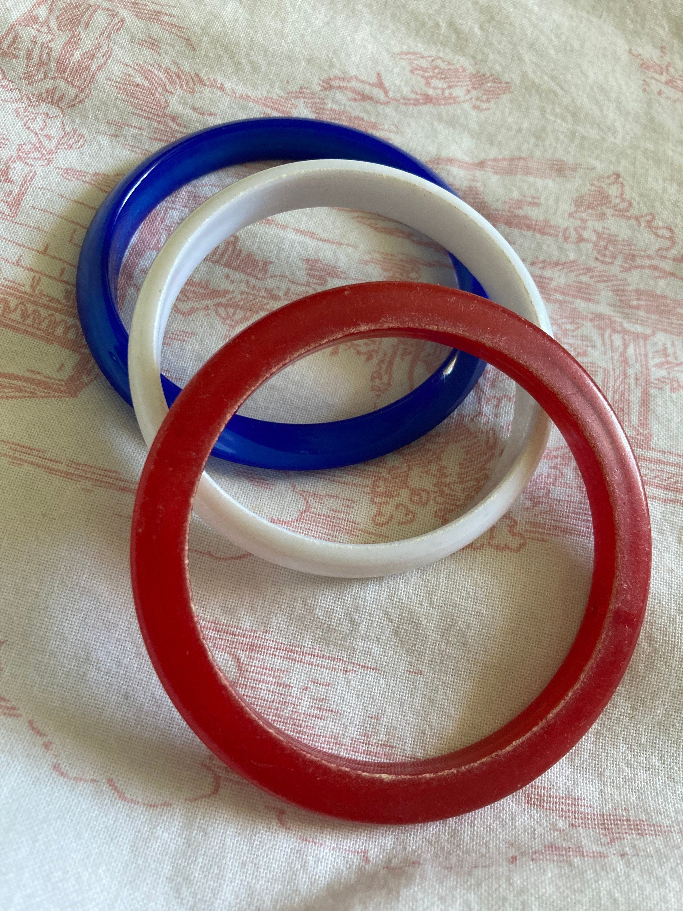 Slim wrist RED WHITE BLUE stack of vintage plastic bangles