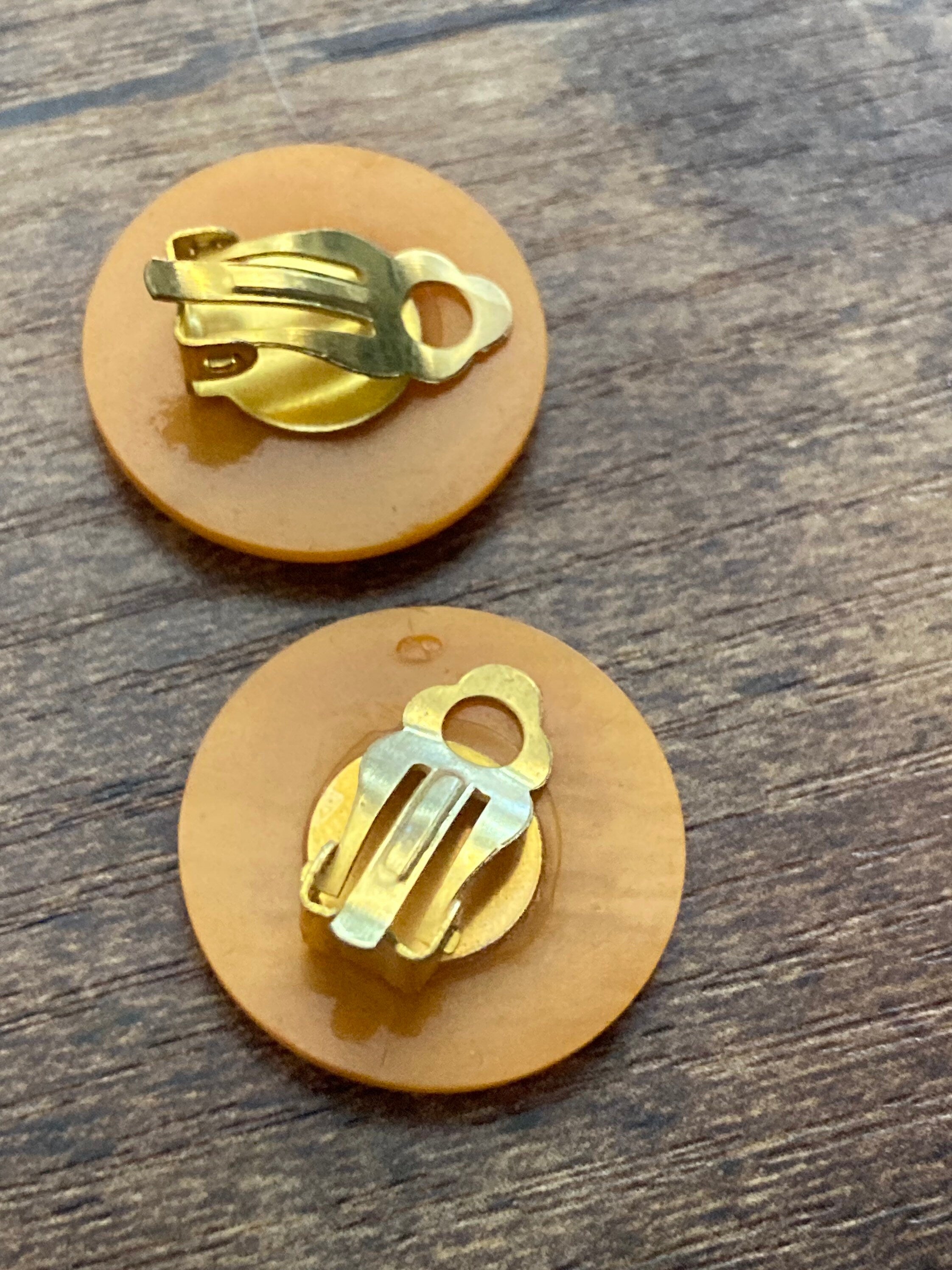 Vintage 1960s Funky tangerine orange plastic Diamanté button Clip On Earrings