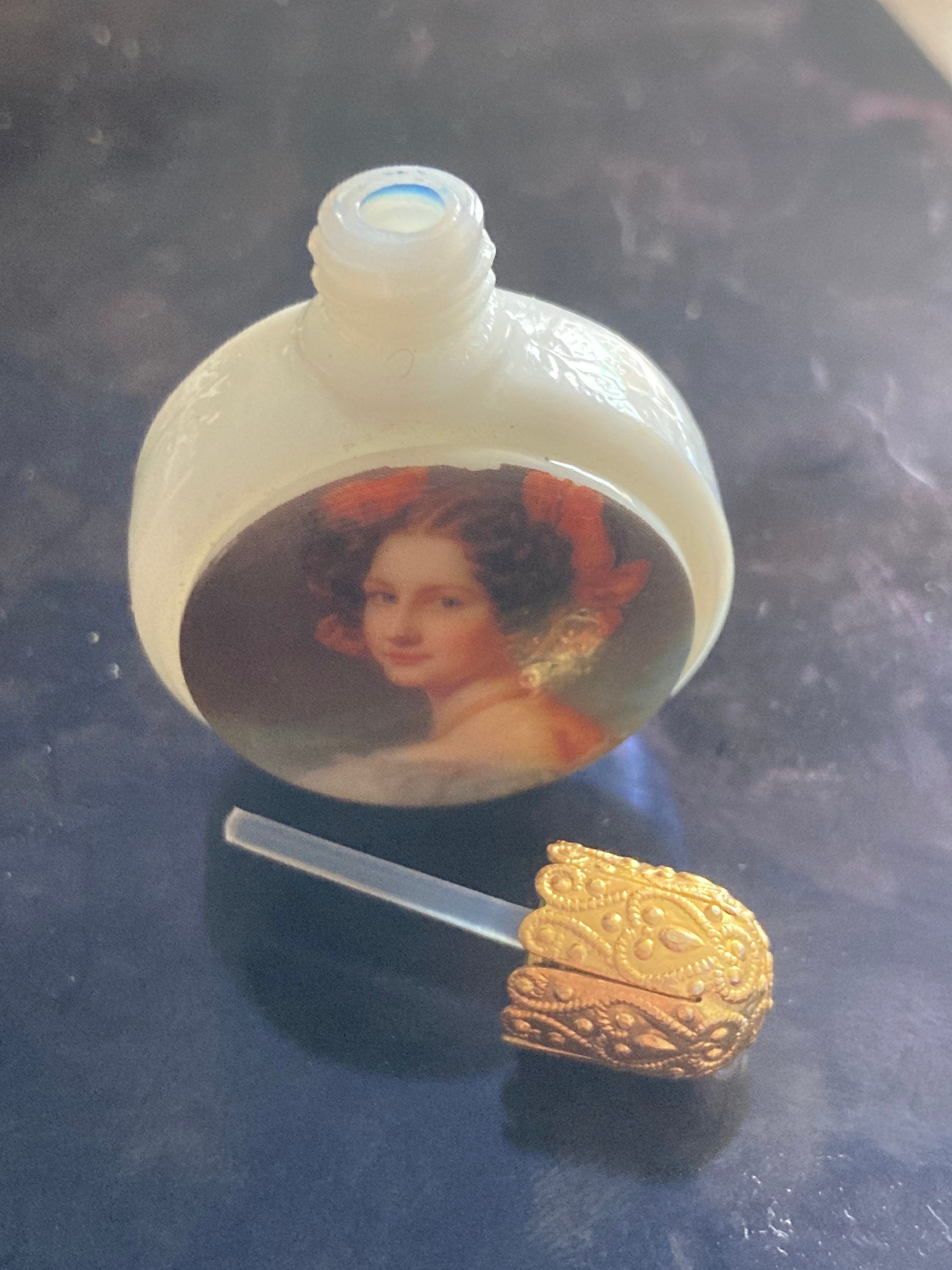 Vintage French white milk glass perfume bottle with scent dabber Limoges or Fragonard