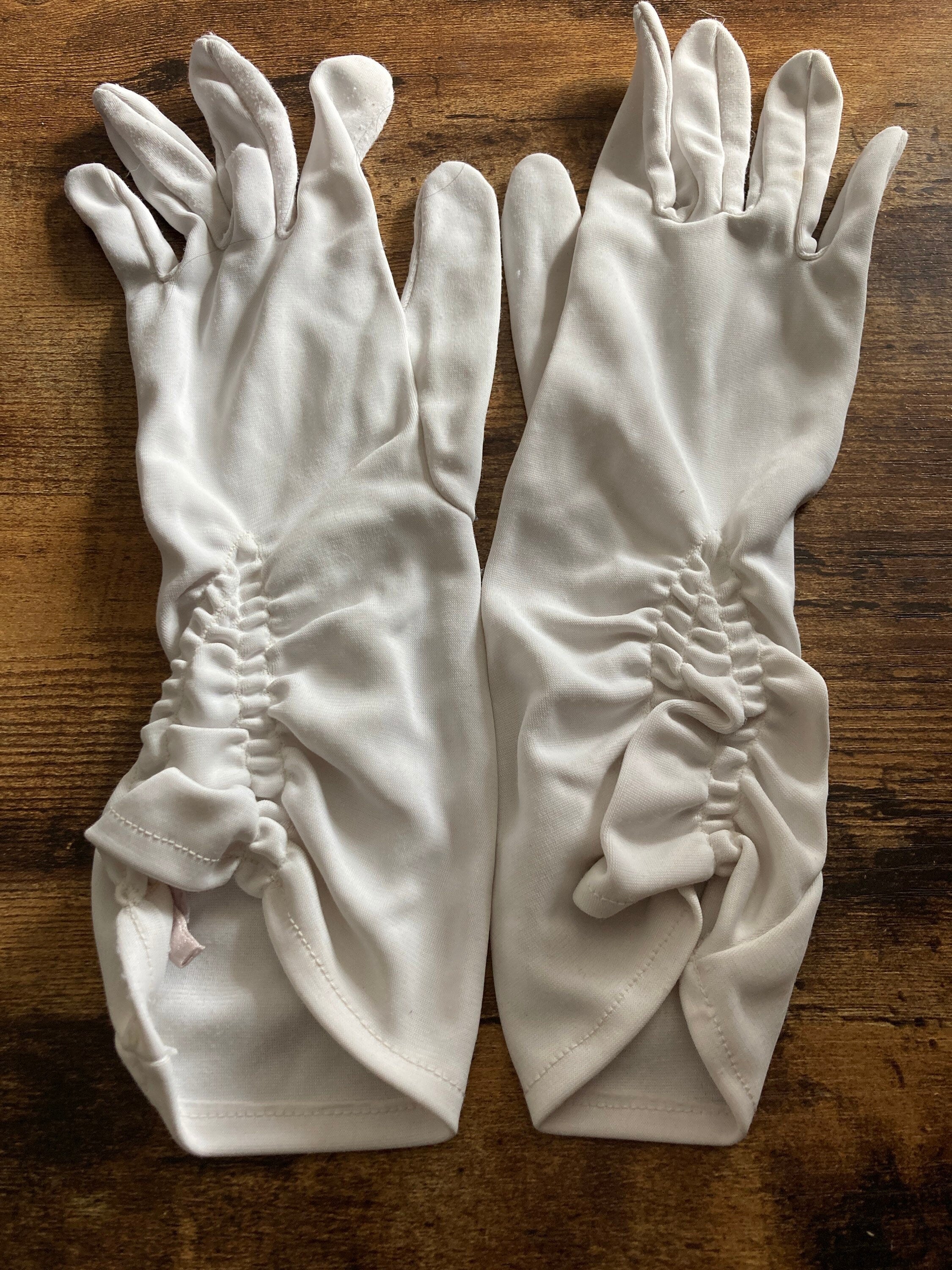 size 6.5 small off white cream vintage nylon ruched short mid length formal day gloves signed PROVA