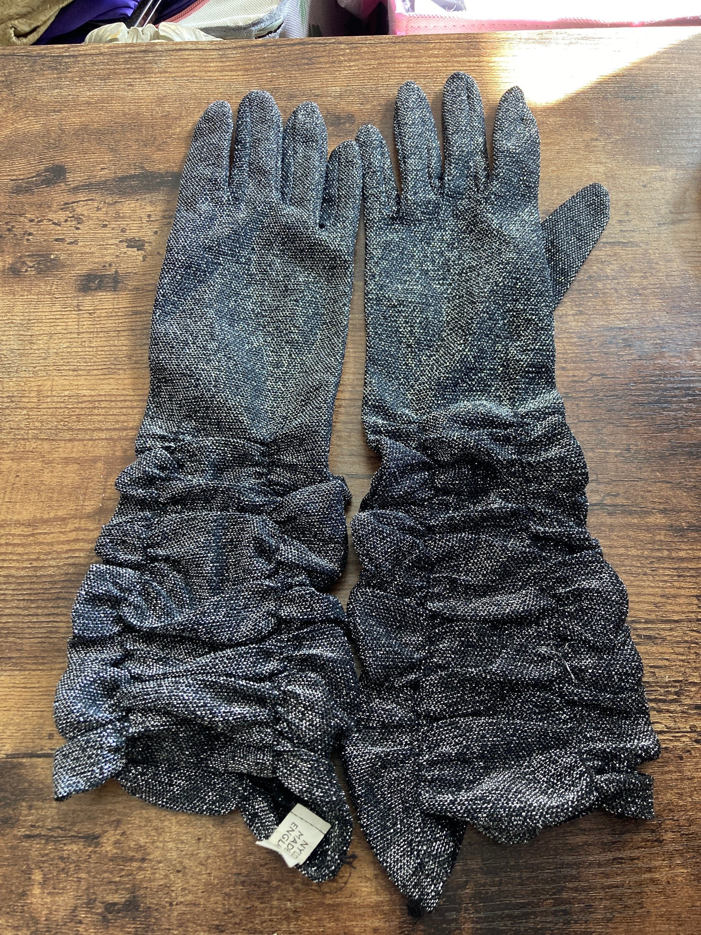size 6.5 small mid century black silver lurex ruched 32cm length cocktail formal evening gloves