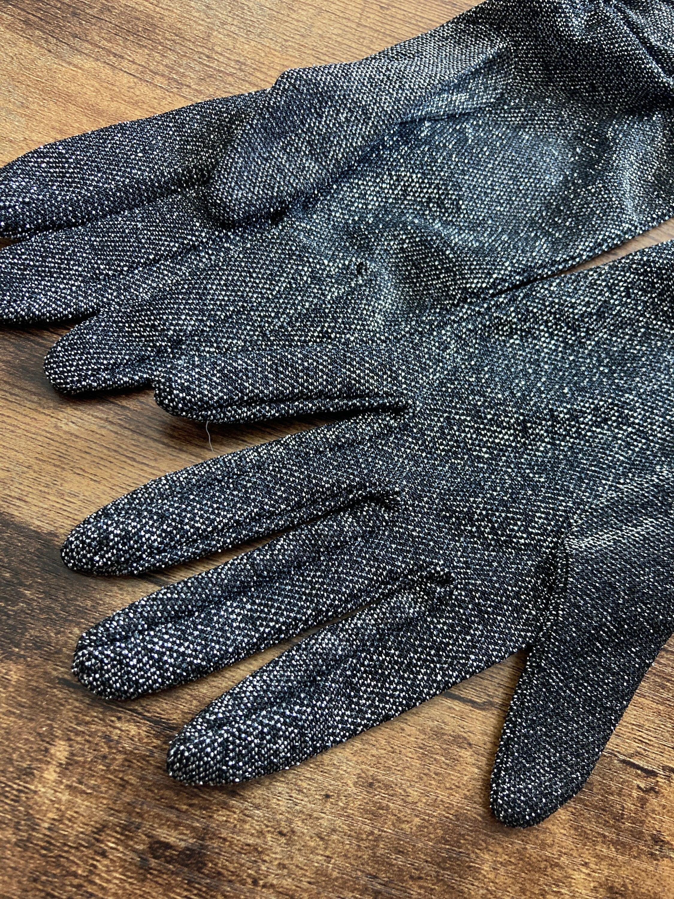 size 6.5 small mid century black silver lurex ruched 32cm length cocktail formal evening gloves