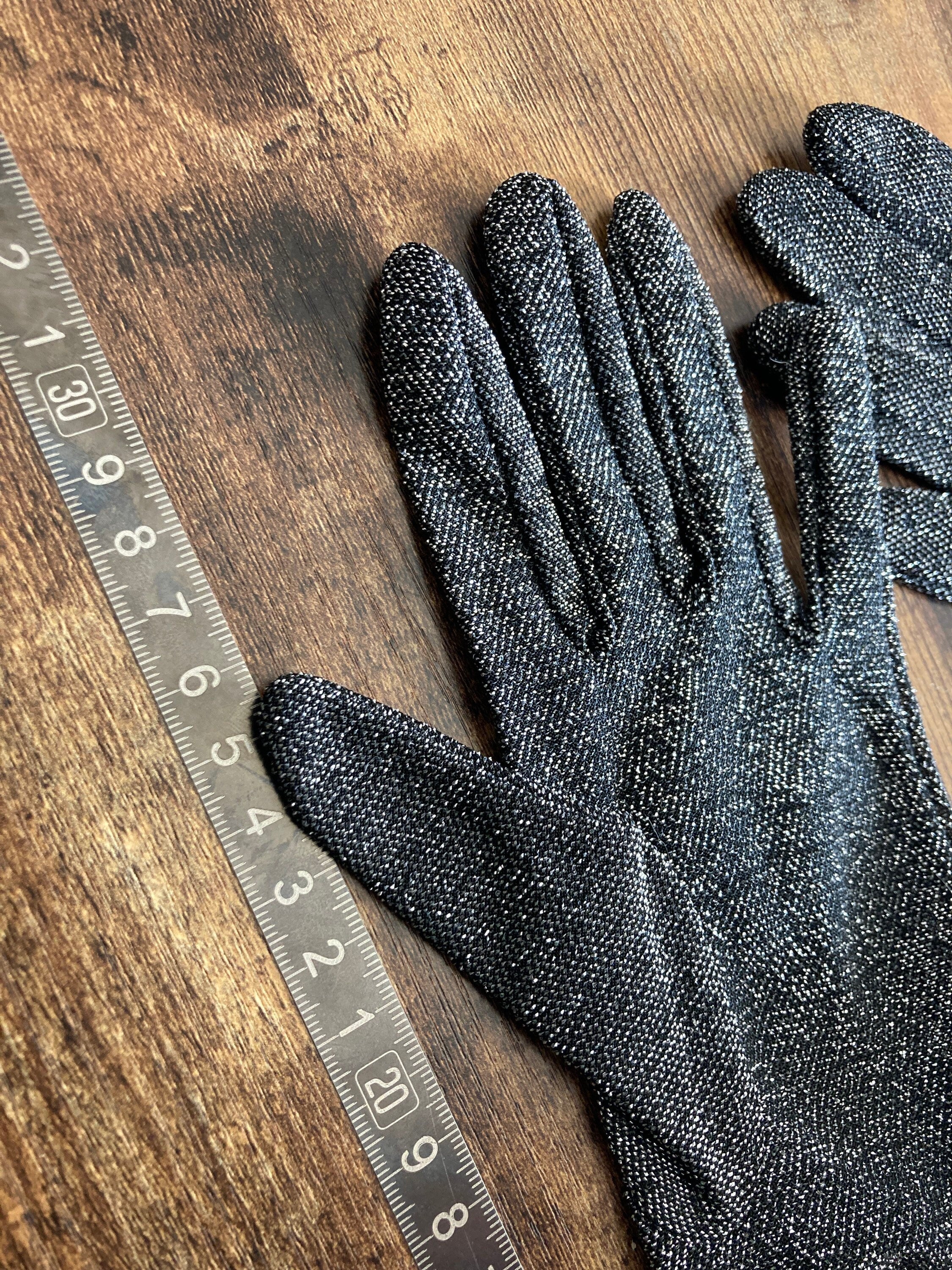 size 6.5 small mid century black silver lurex ruched 32cm length cocktail formal evening gloves