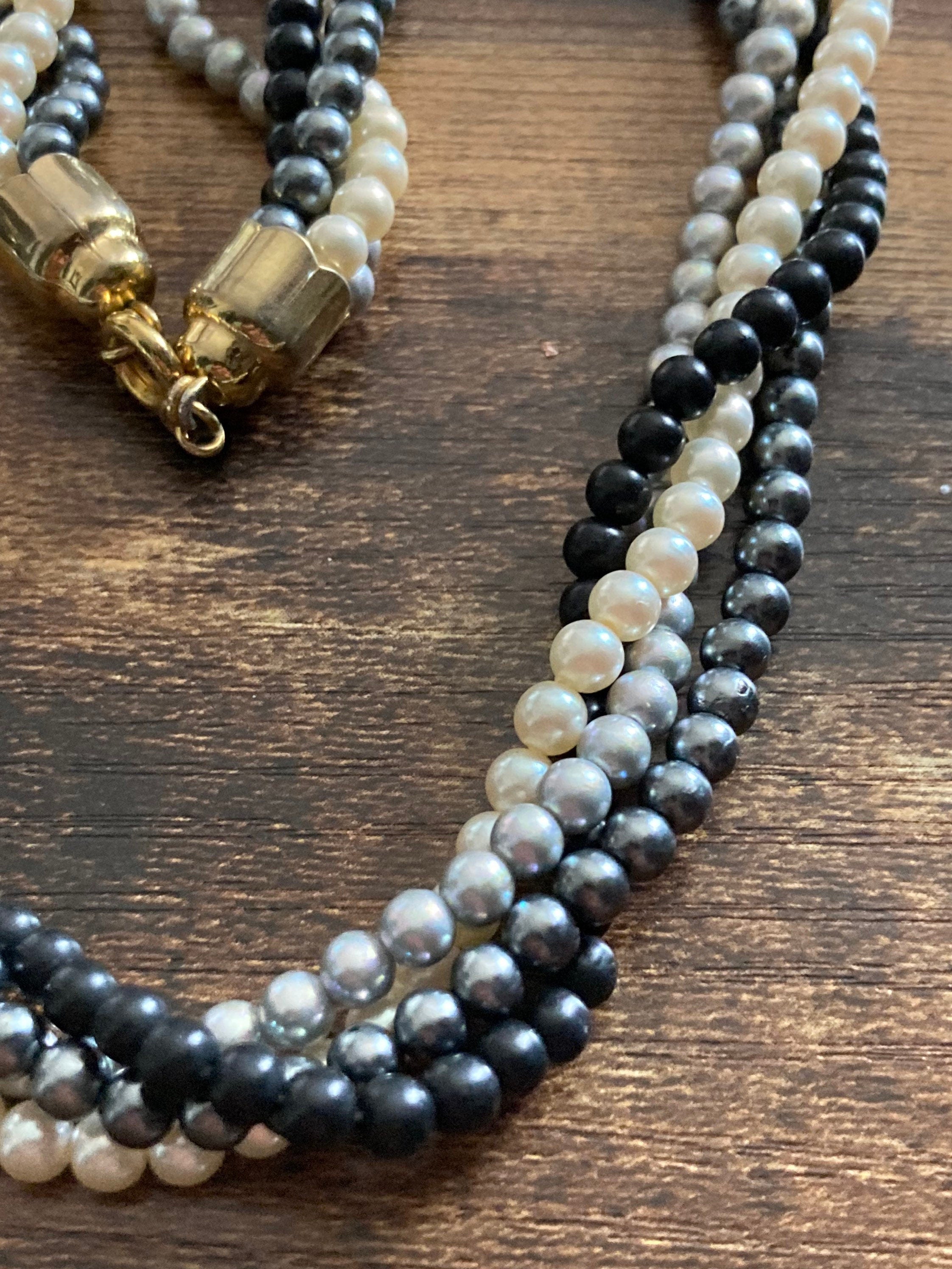 Vintage retro black cream grey plastic beaded Pearl twisted multi strand choker necklace gold tone