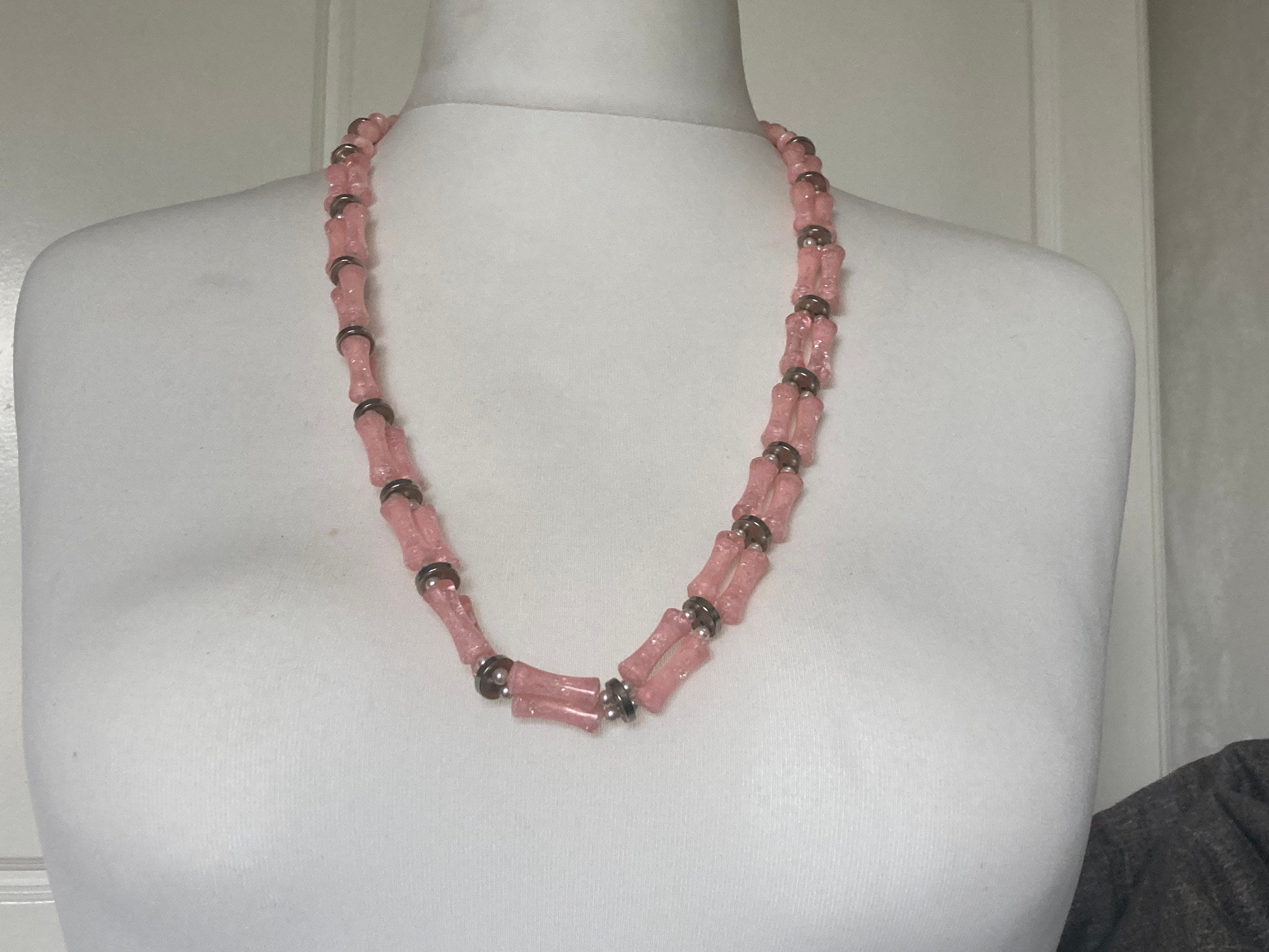 Vintage 1960s 2 strand pink plastic beaded faux Pearl long necklace