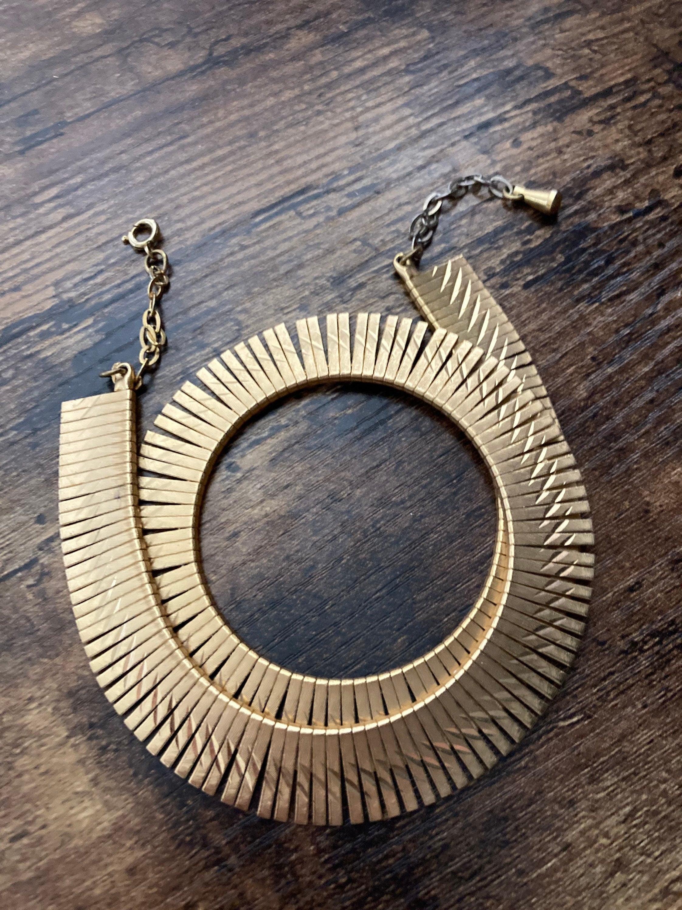 Vintage Retro Egyptian Revival Cleopatra Necklace Wide Link Runway Statement Choker  gold  tone necklace 1960s 1970s  adj to 44 cm