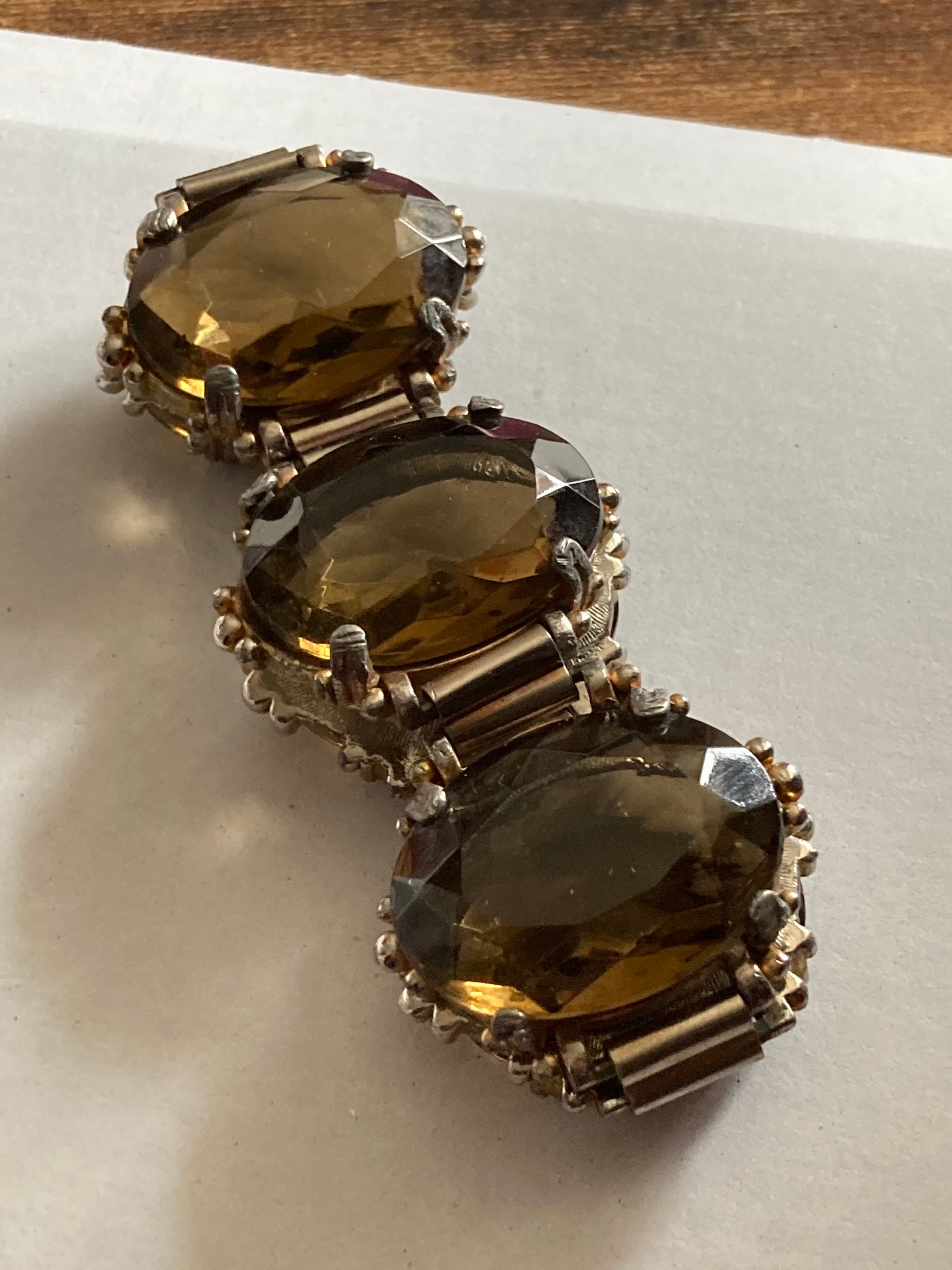 Vintage oversized dark brown cognac Glass Cabochon Gold Tone cocktail bracelet