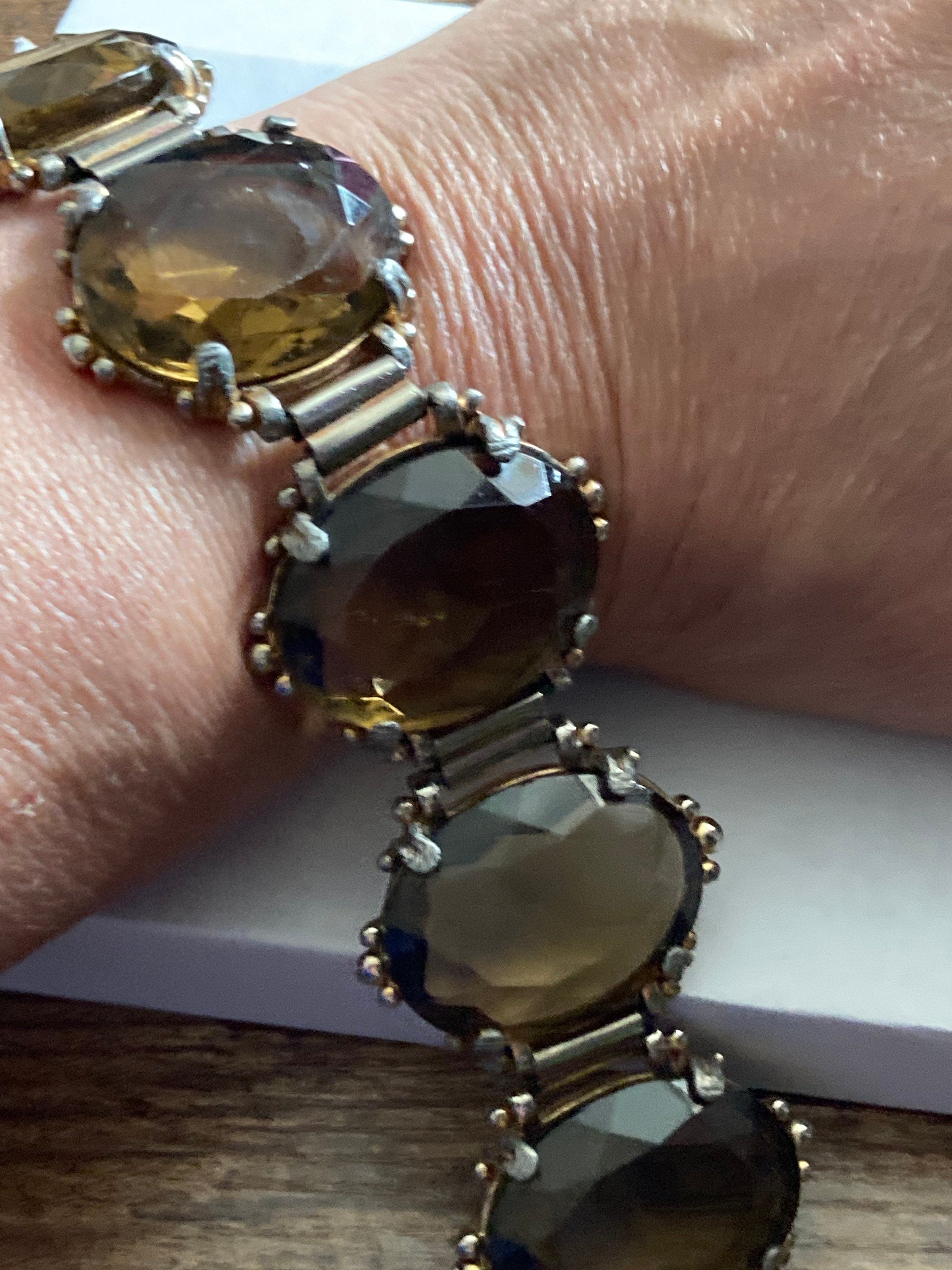 Vintage oversized dark brown cognac Glass Cabochon Gold Tone cocktail bracelet