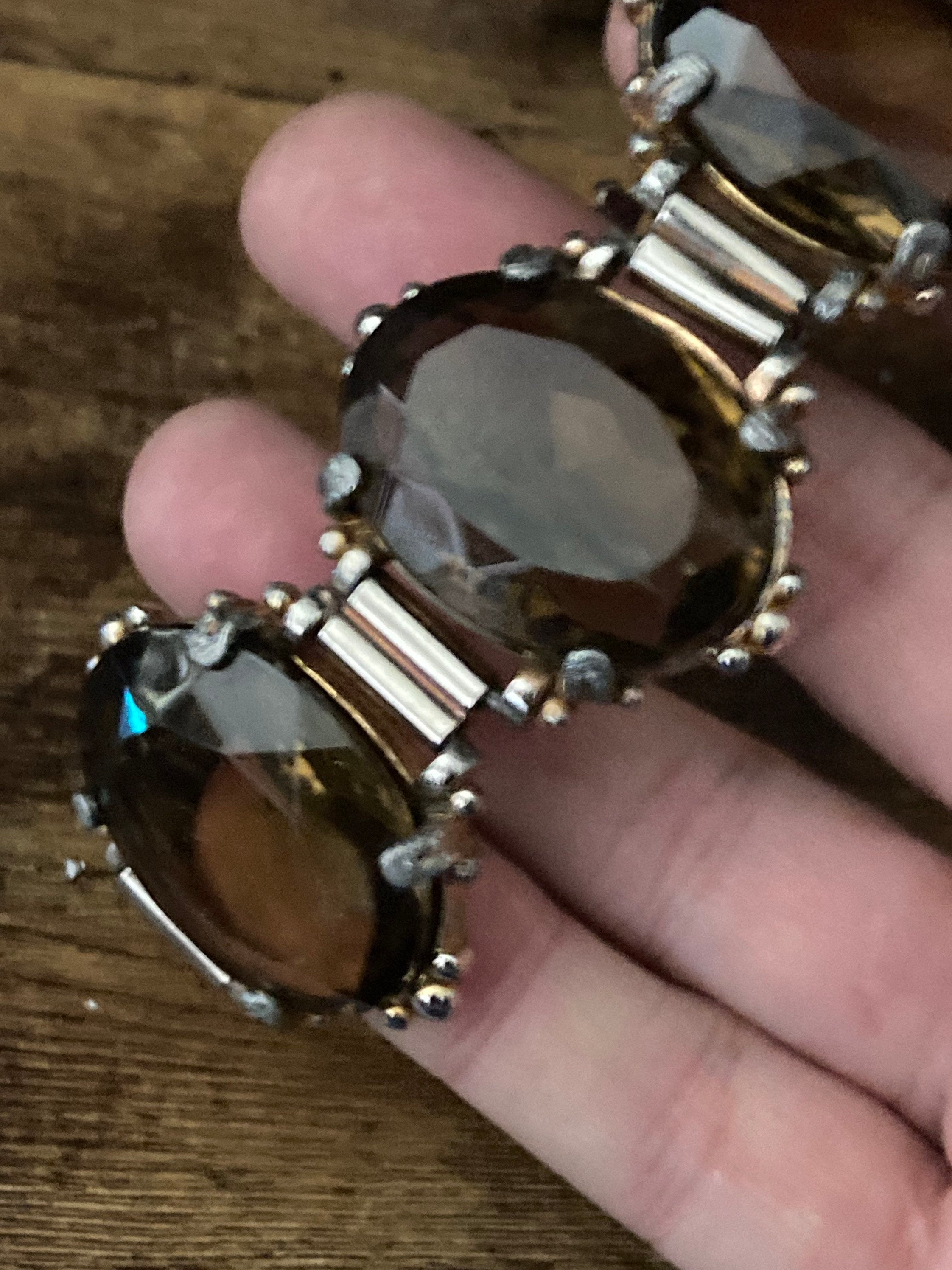 Vintage oversized dark brown cognac Glass Cabochon Gold Tone cocktail bracelet