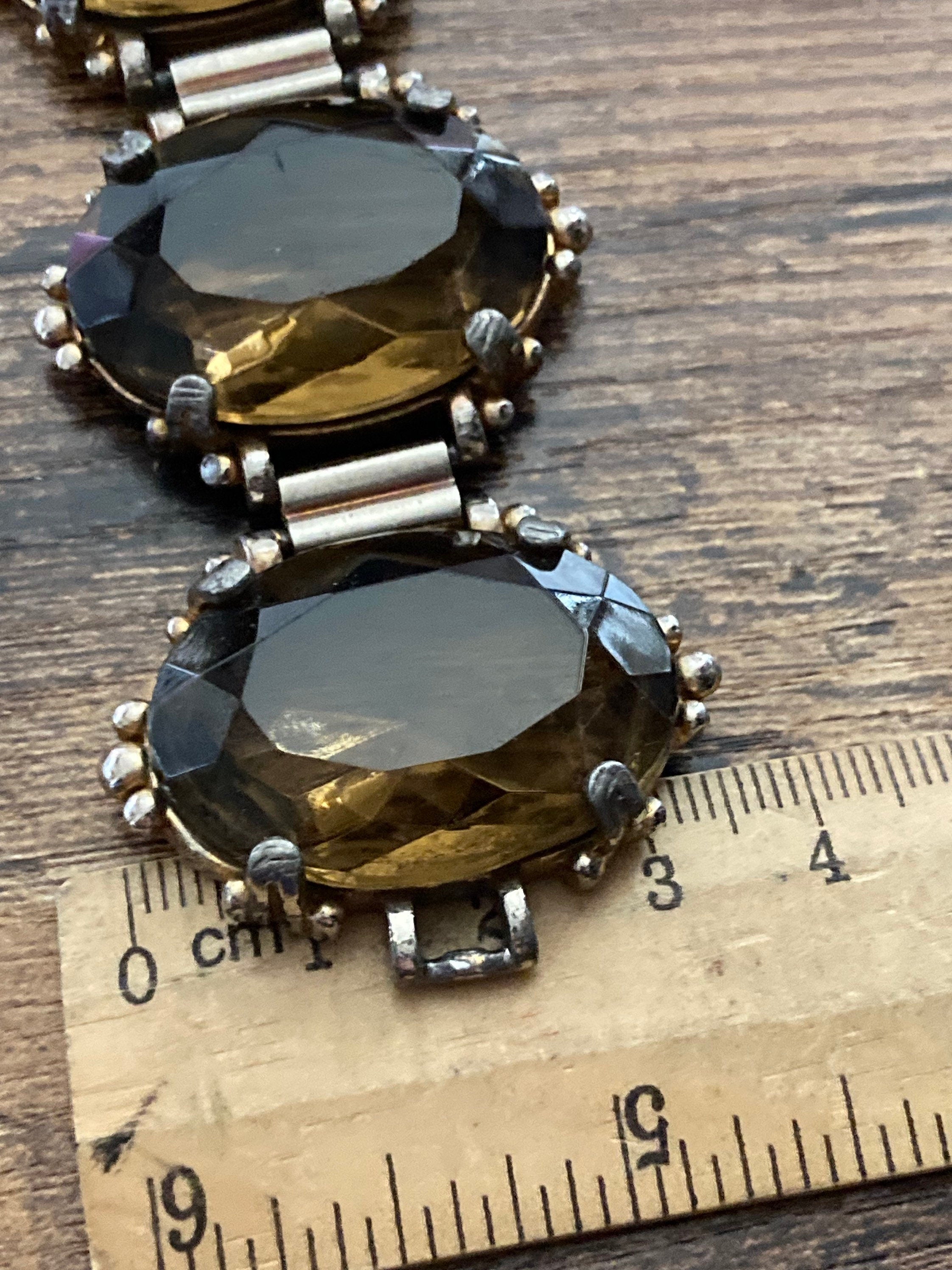 Vintage oversized dark brown cognac Glass Cabochon Gold Tone cocktail bracelet