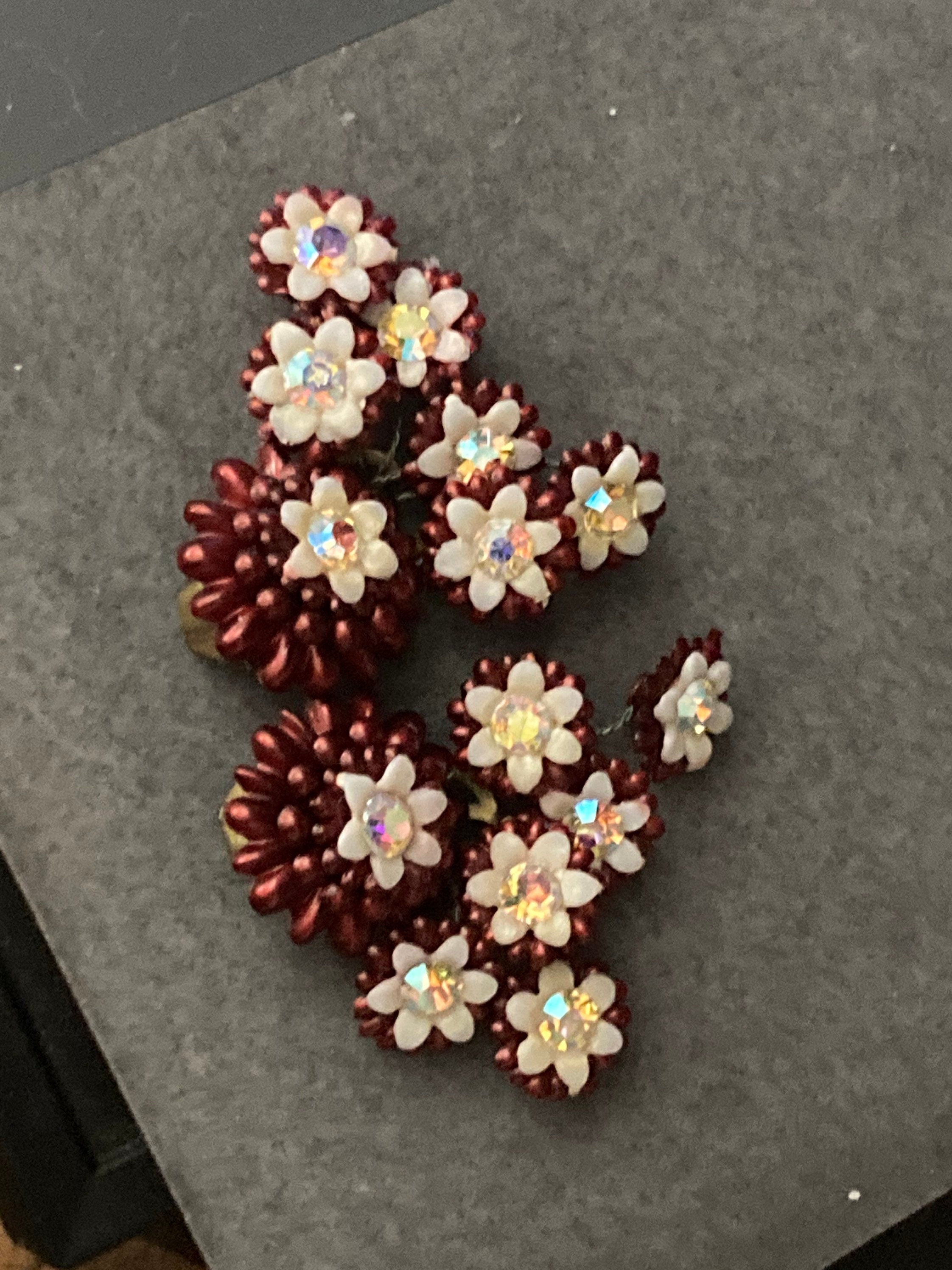 Vintage Pearl pastel deep red diamanté AB floral flower plastic Clip On Earrings