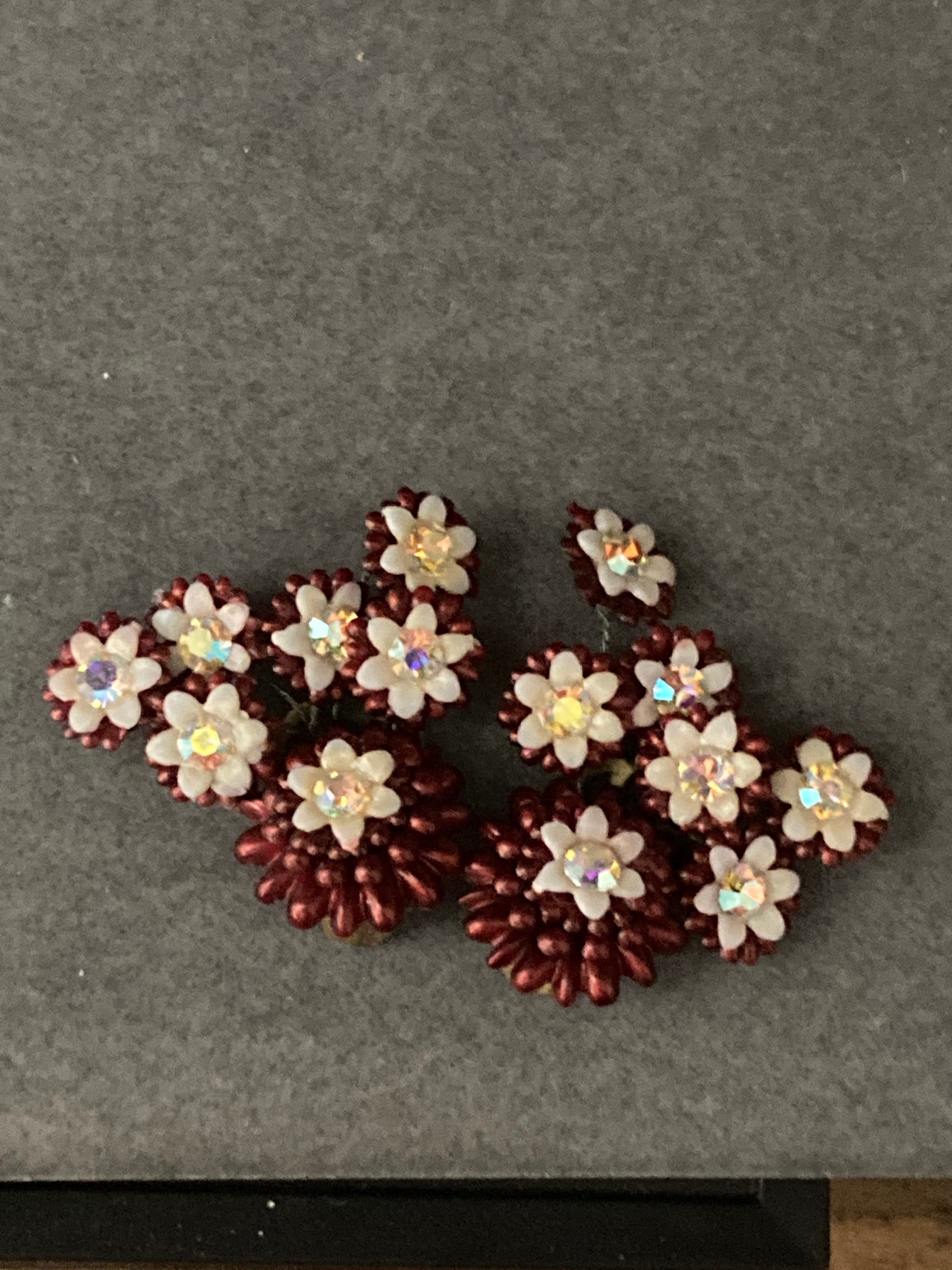 Vintage Pearl pastel deep red diamanté AB floral flower plastic Clip On Earrings