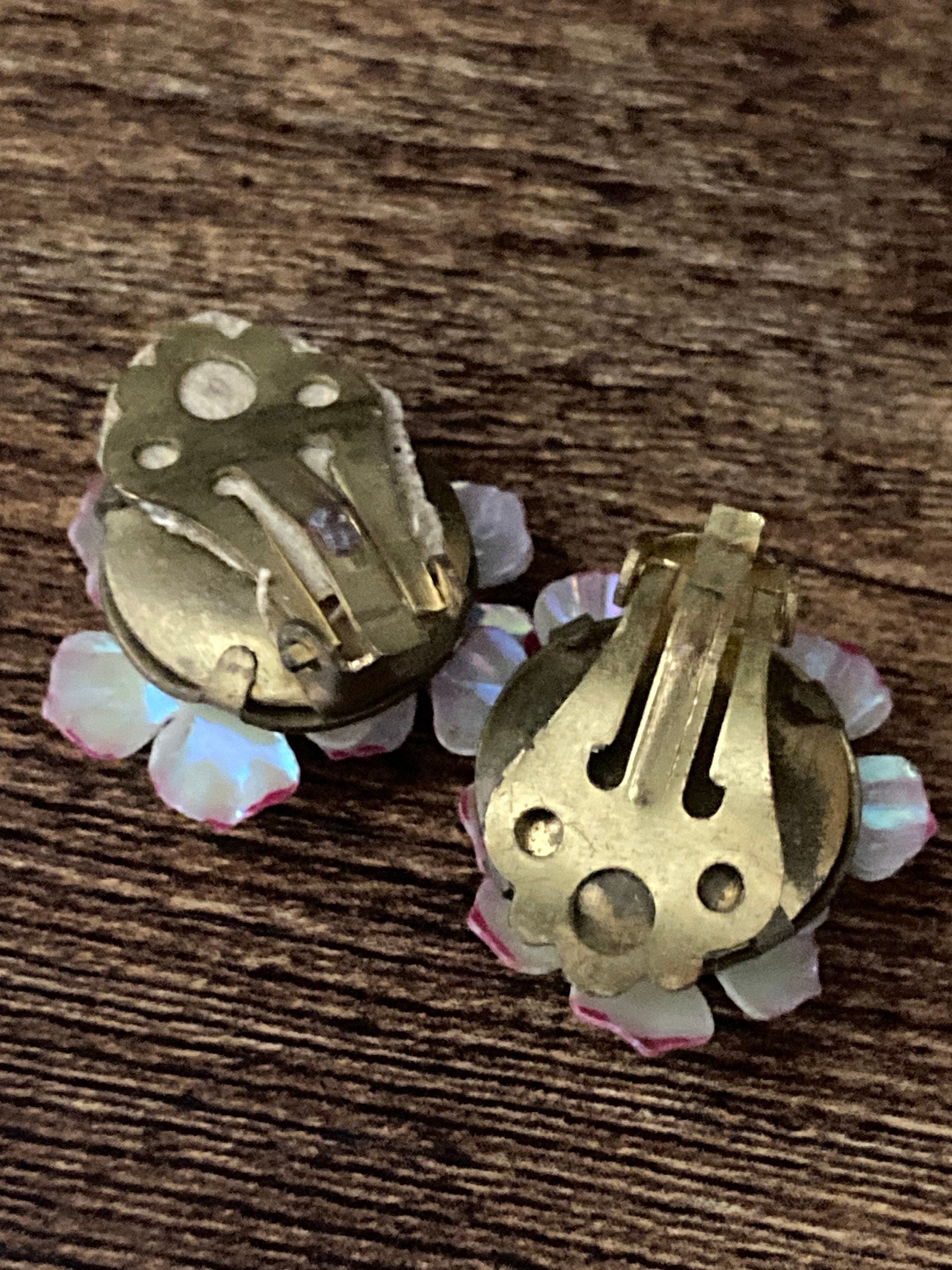 Vintage pink white faux Pearl pastels plastic carnation floral clip on mid century stud earrings