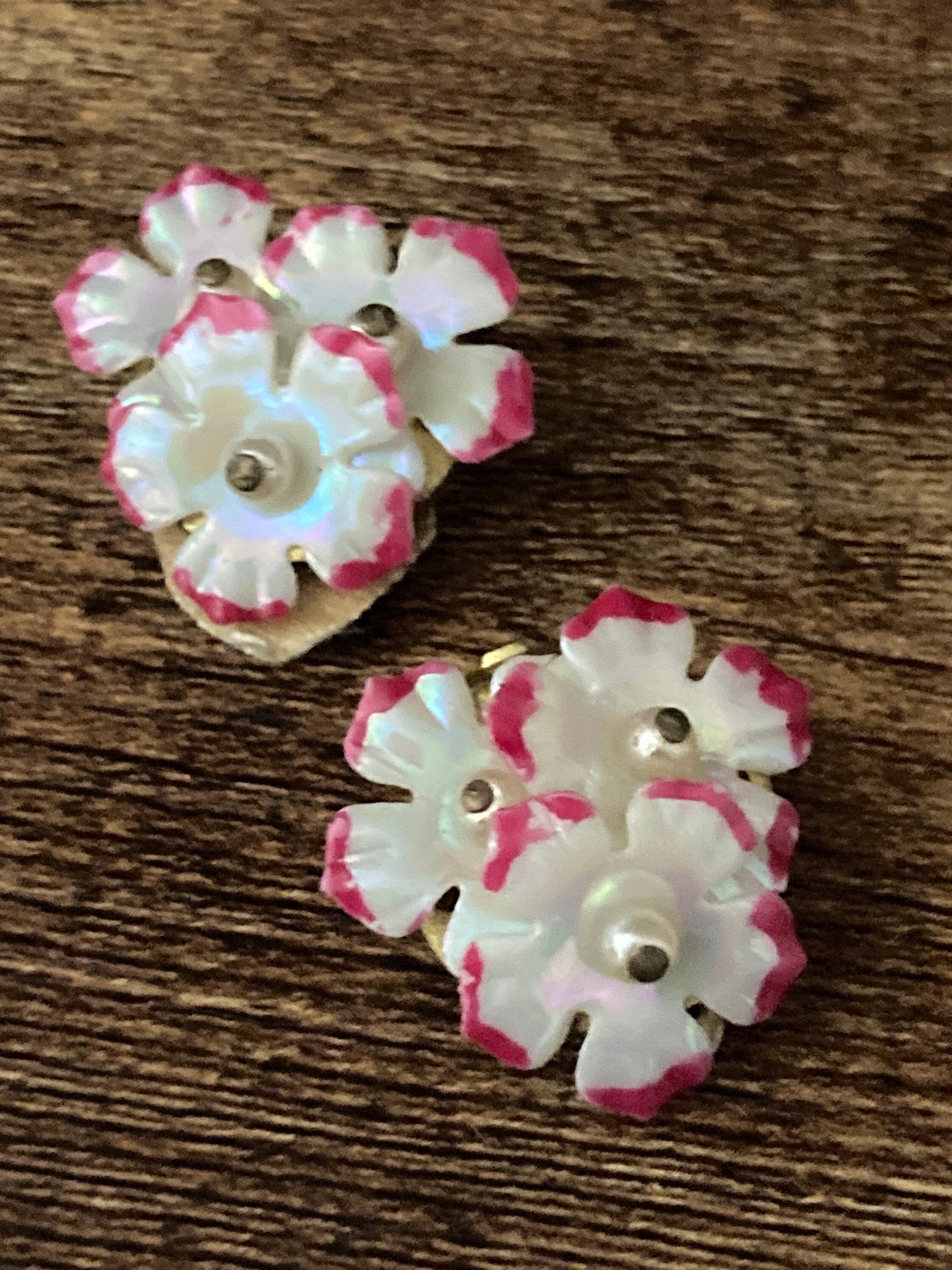 Vintage pink white faux Pearl pastels plastic carnation floral clip on mid century stud earrings
