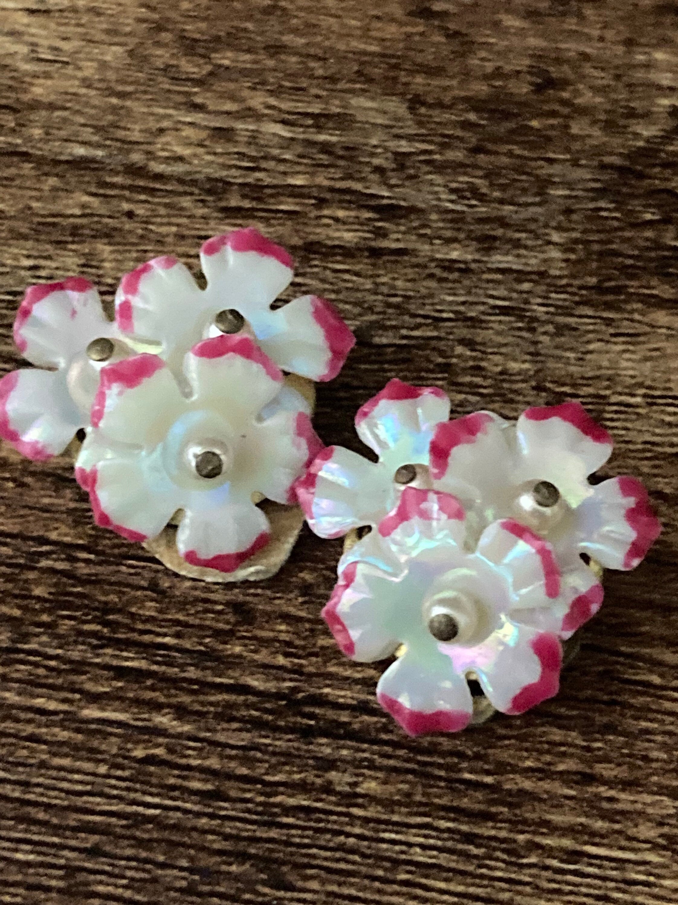 Vintage pink white faux Pearl pastels plastic carnation floral clip on mid century stud earrings