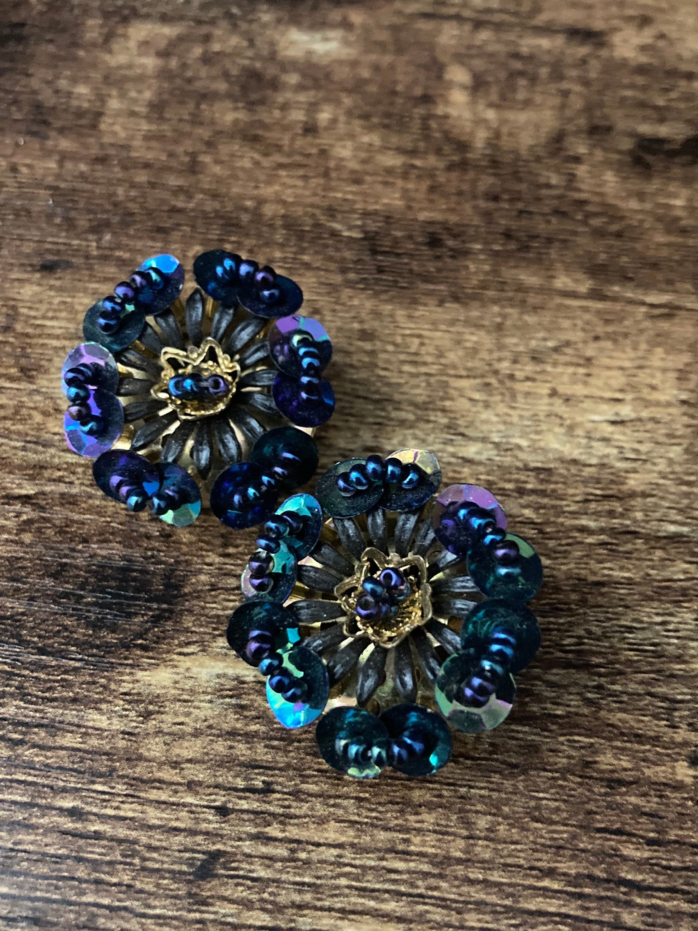 Vintage dark blue sequin and bead floral flower Clip On Earrings