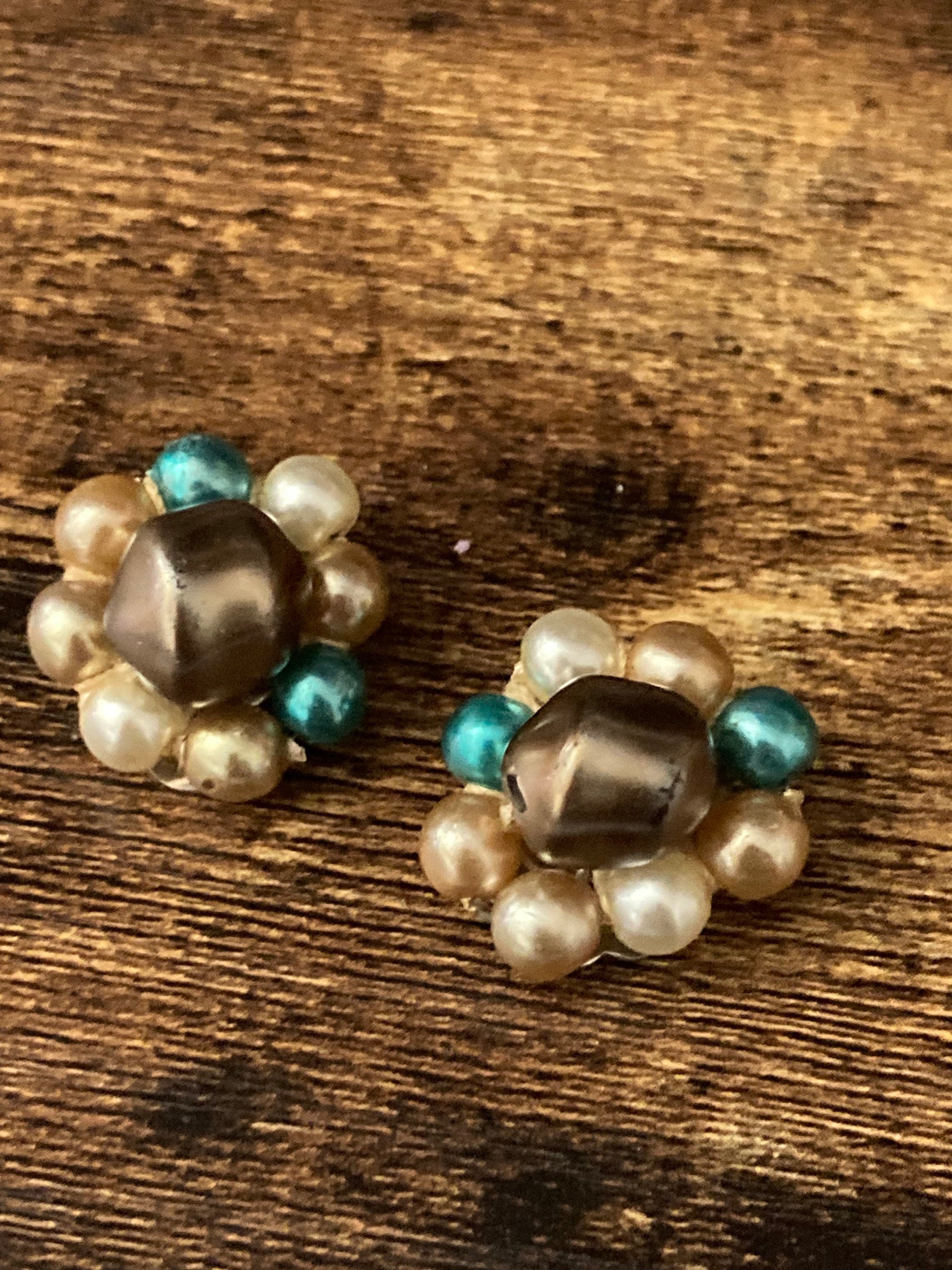 Vintage brown teal pink faux pearl glass beaded Cluster Clip On Earrings