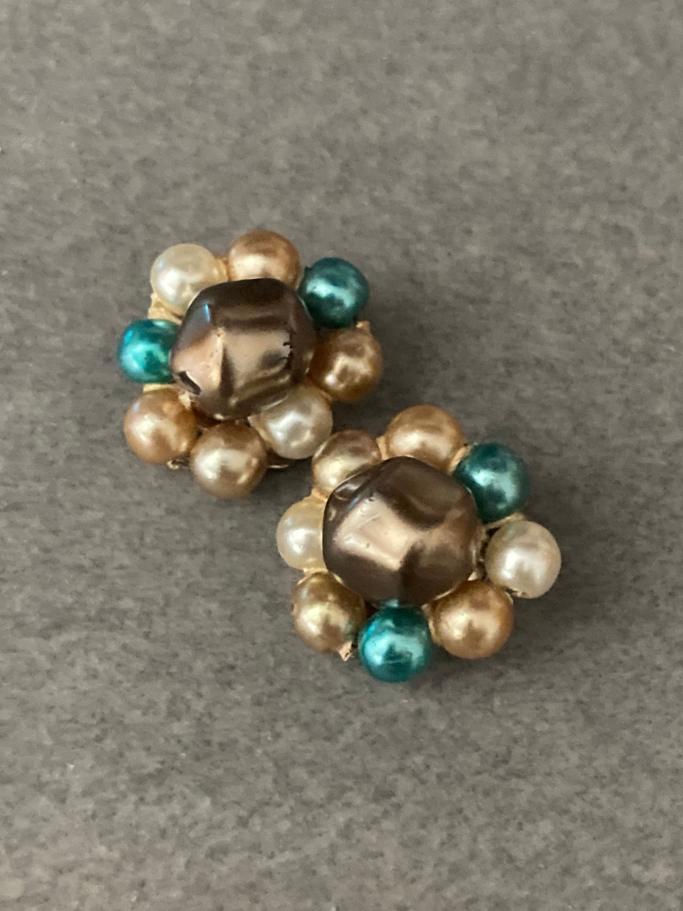 Vintage brown teal pink faux pearl glass beaded Cluster Clip On Earrings