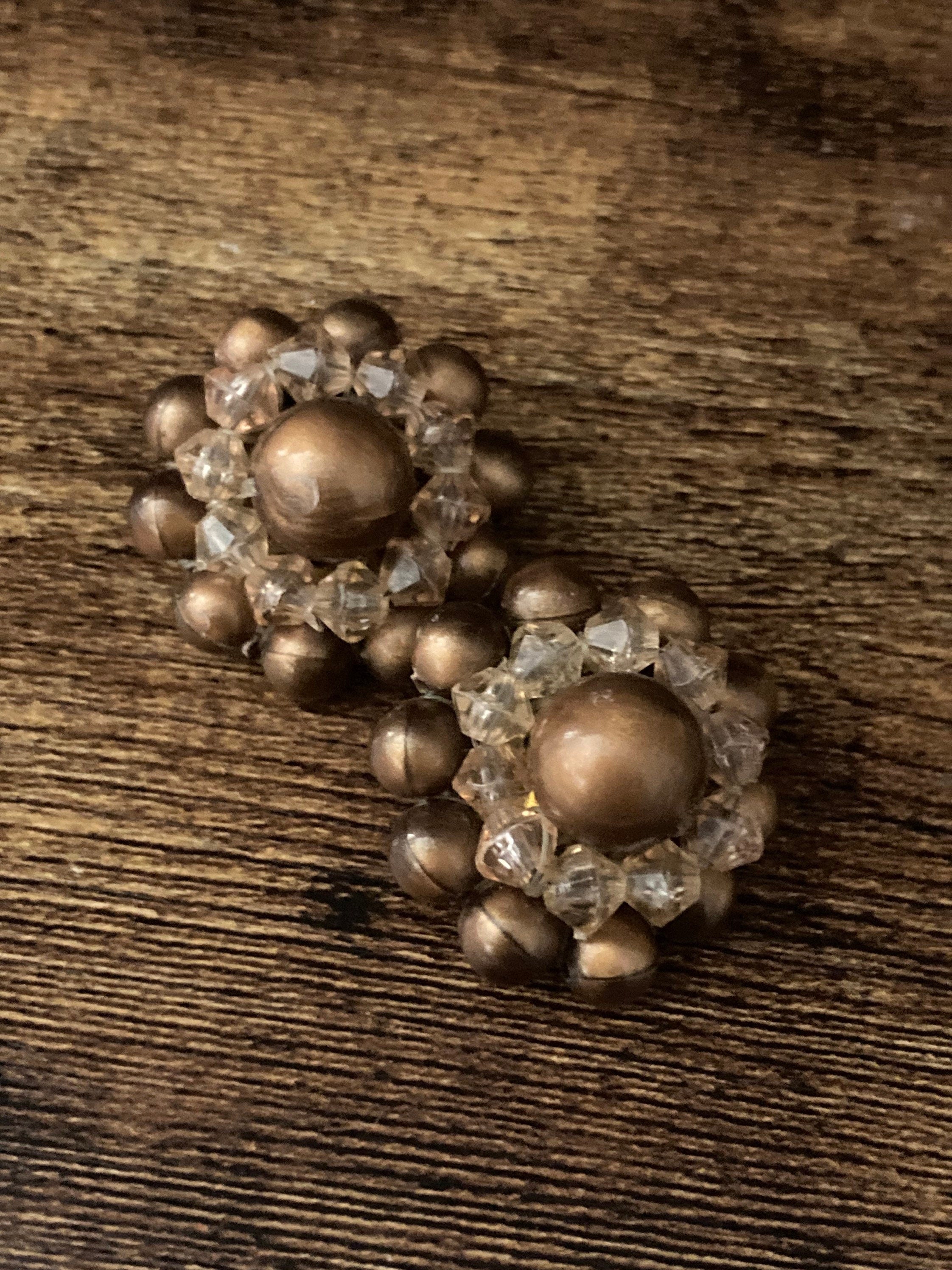Signed west Germany Vintage brown crystal beaded glass Cluster Clip On Earrings