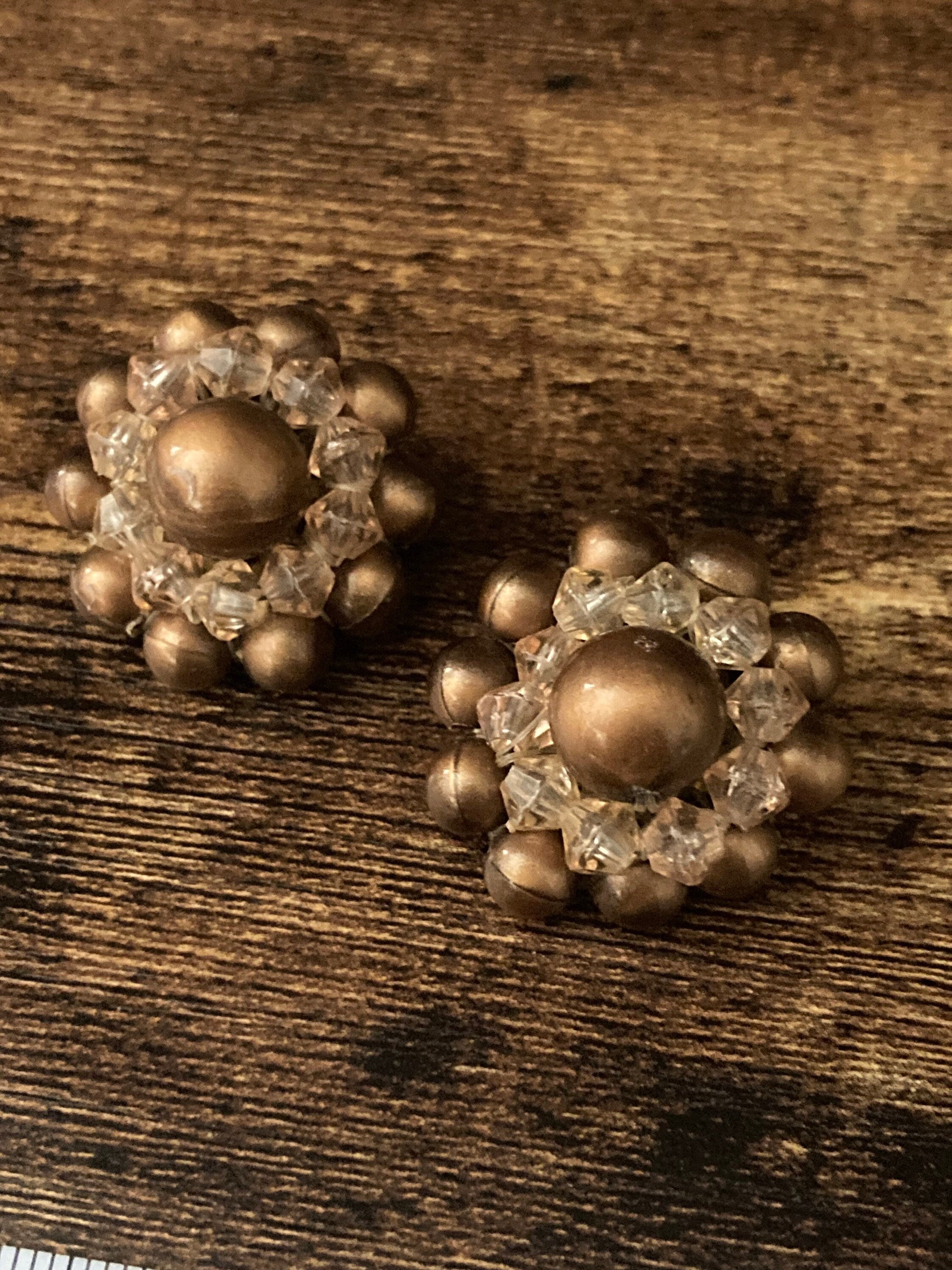 Signed west Germany Vintage brown crystal beaded glass Cluster Clip On Earrings