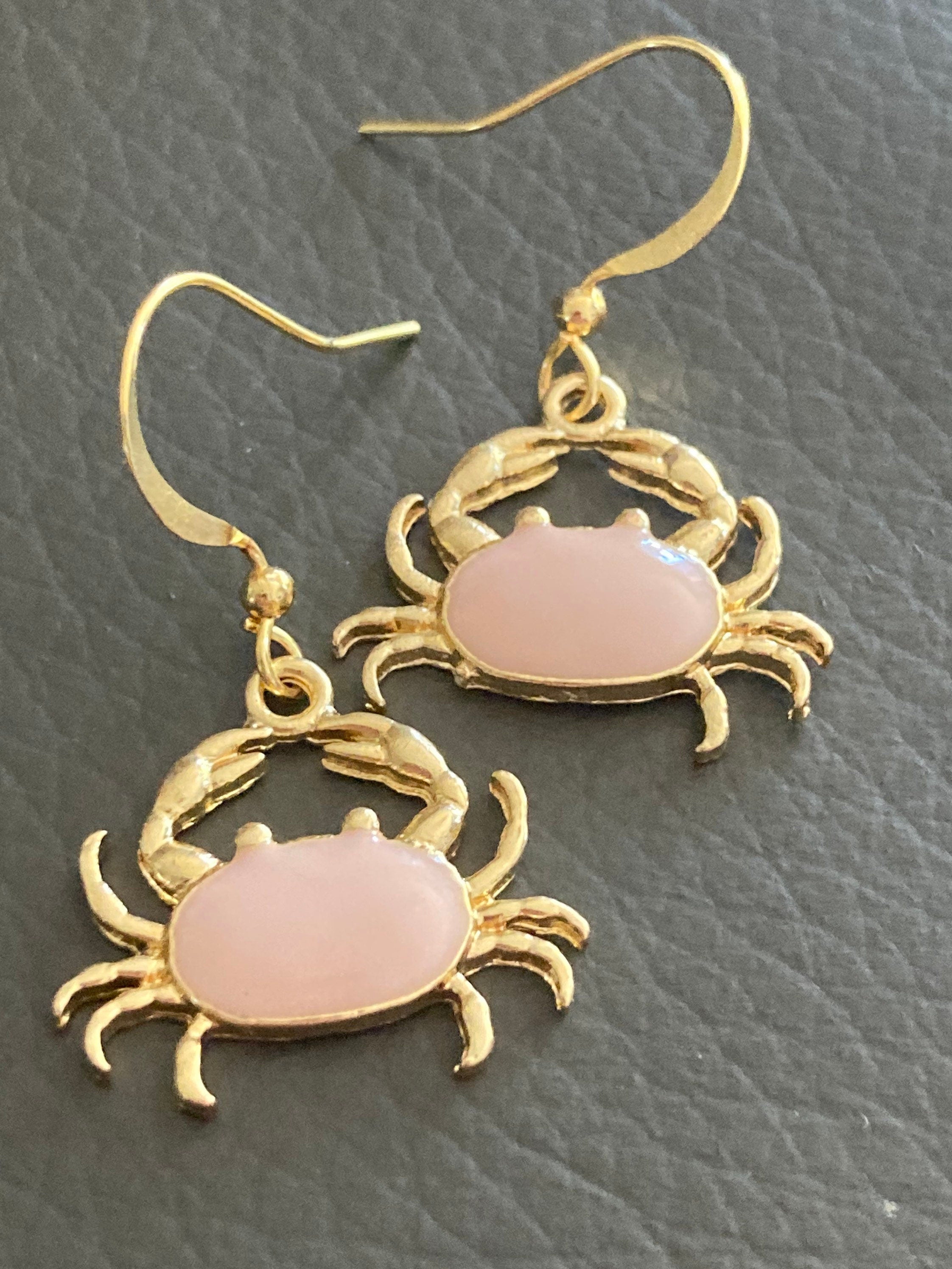 Pink enamel gold tone crab earrings pierced ears Cornish