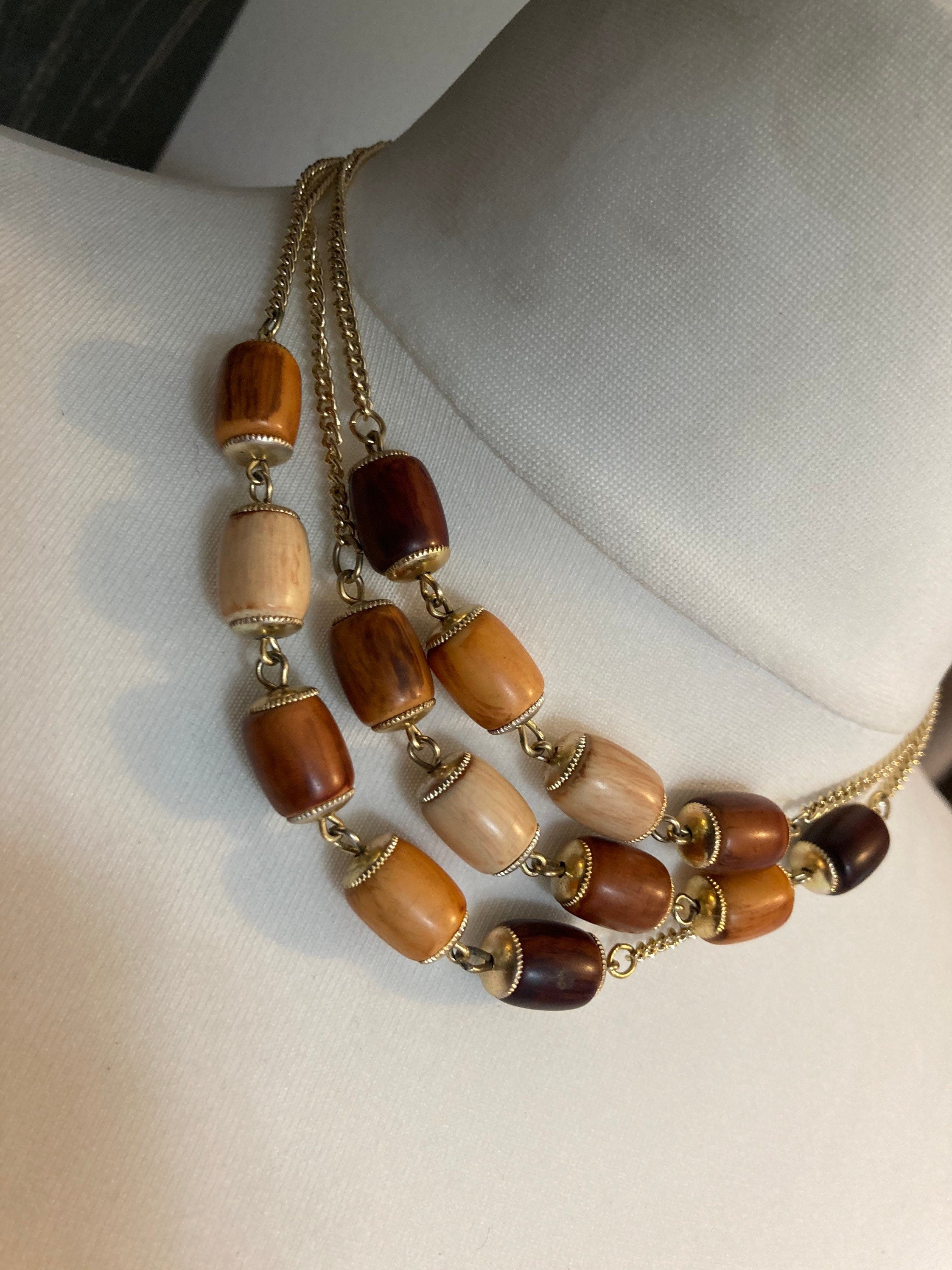 Vintage antique metal and brown wooden beaded station link necklace