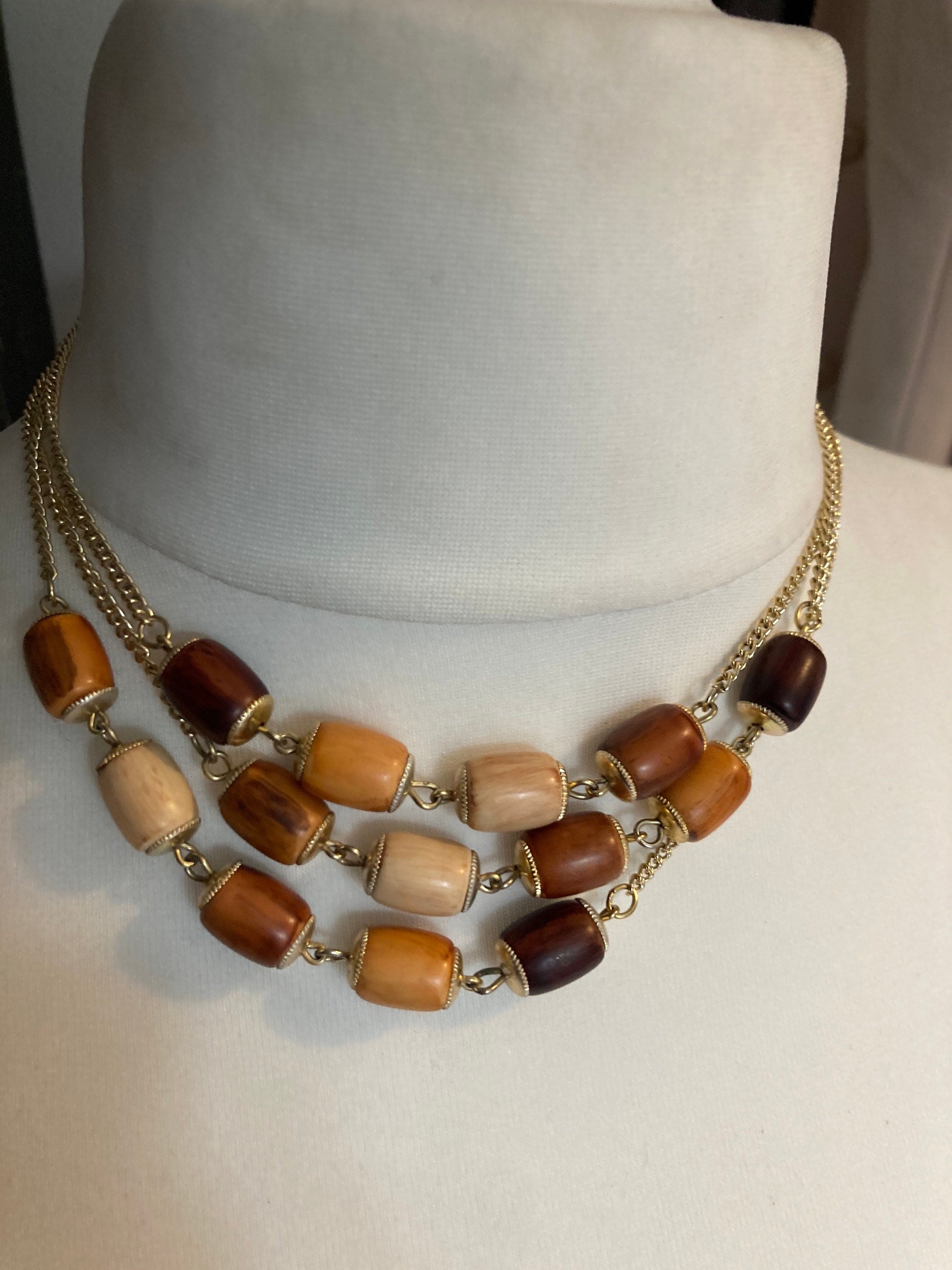 Vintage antique metal and brown wooden beaded station link necklace
