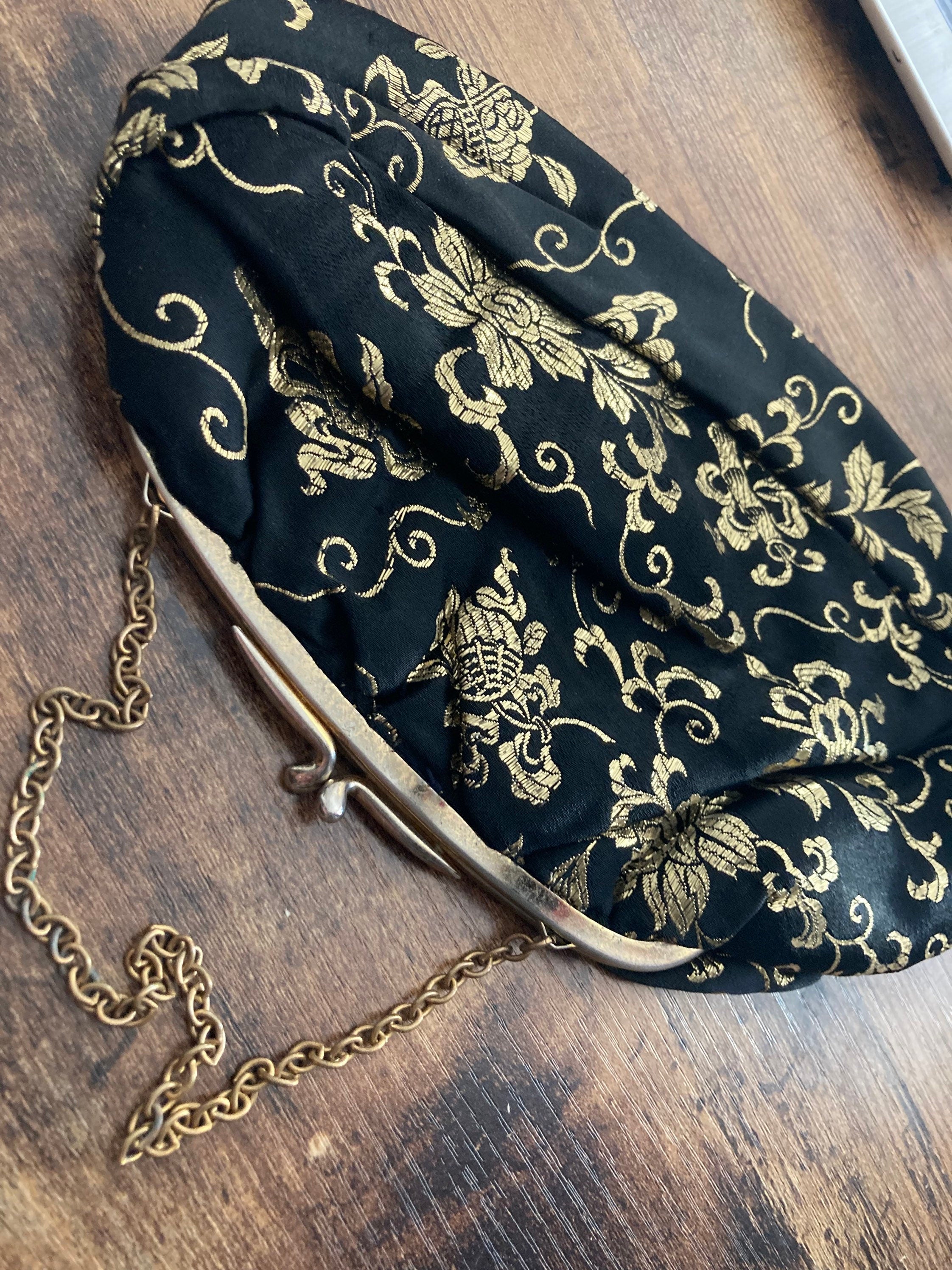 Vintage 1970s Black Gold Lurex Thread work make up cosmetic Evening Purse