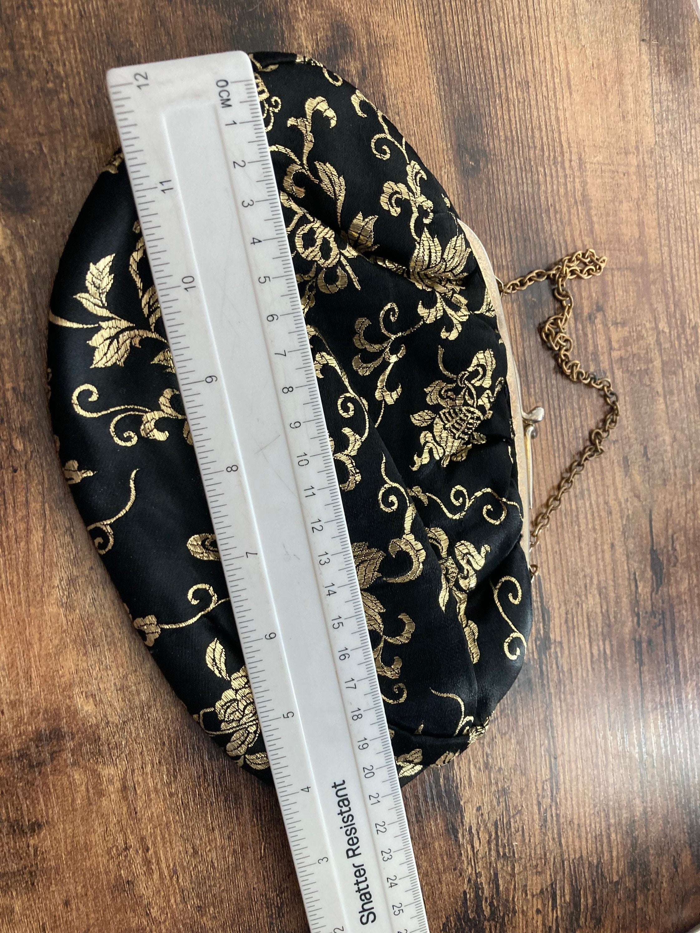 Vintage 1970s Black Gold Lurex Thread work make up cosmetic Evening Purse