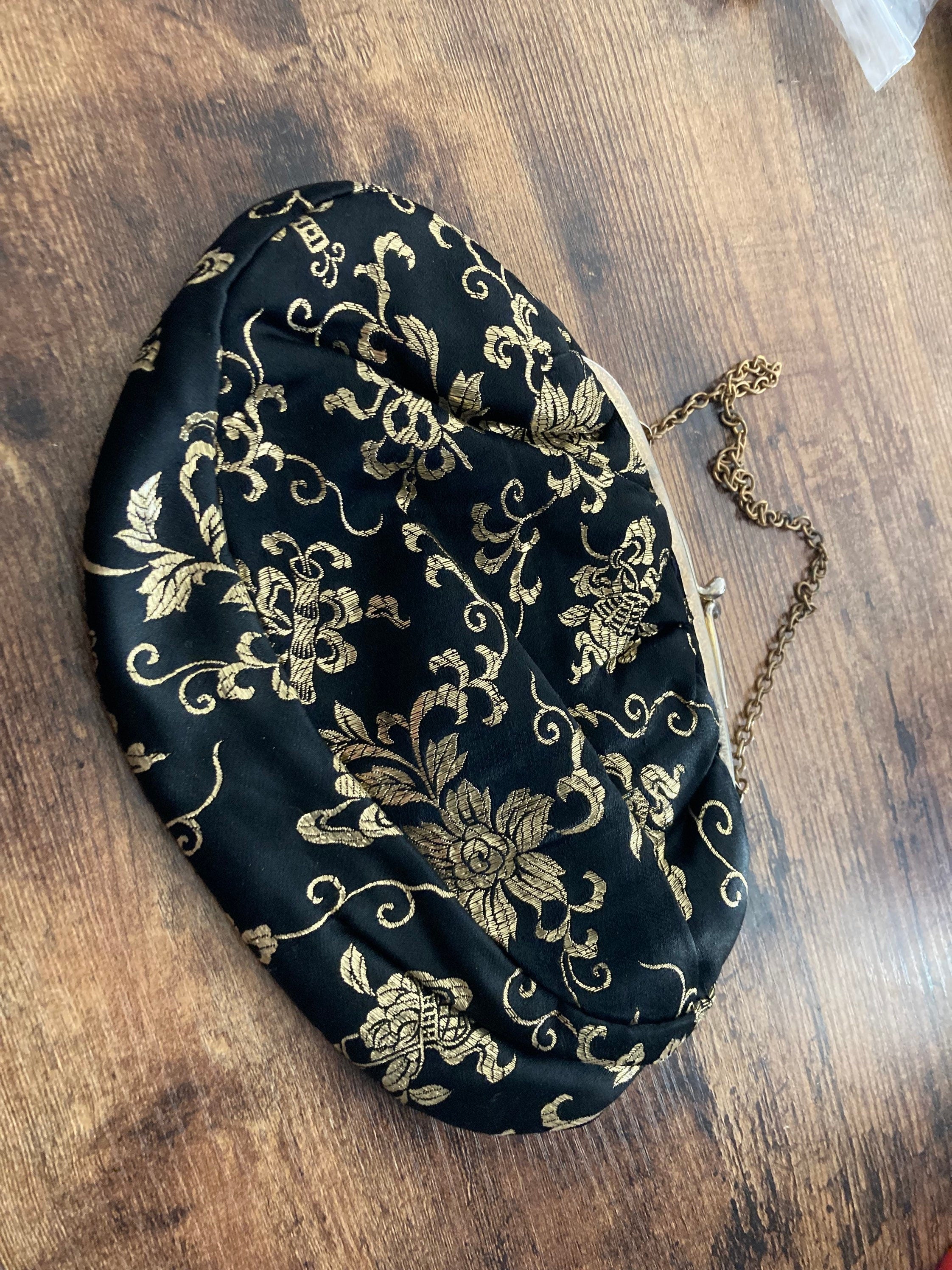 Vintage 1970s Black Gold Lurex Thread work make up cosmetic Evening Purse