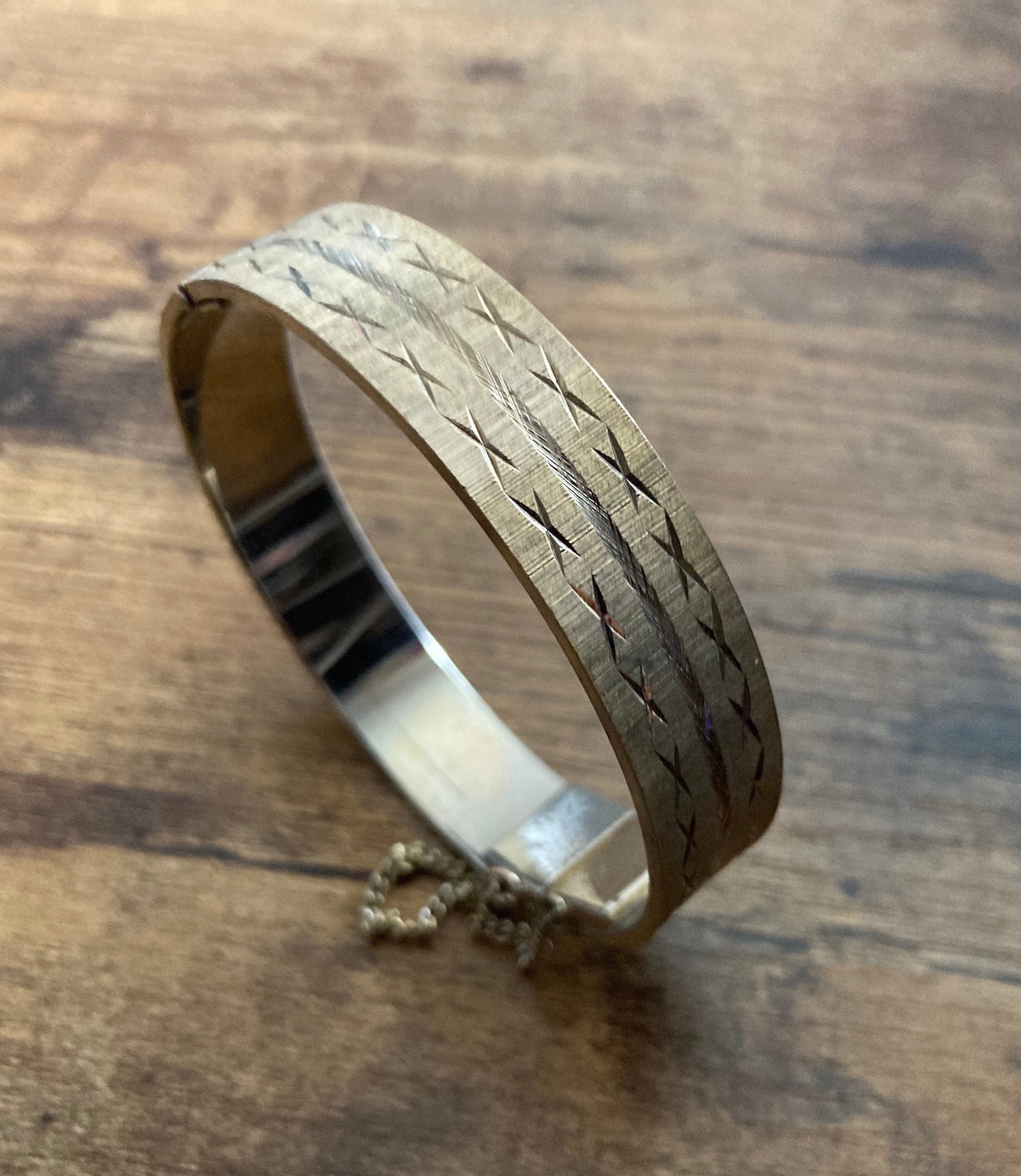 1980s Champagne Gold tone etched wide clamper Bangle