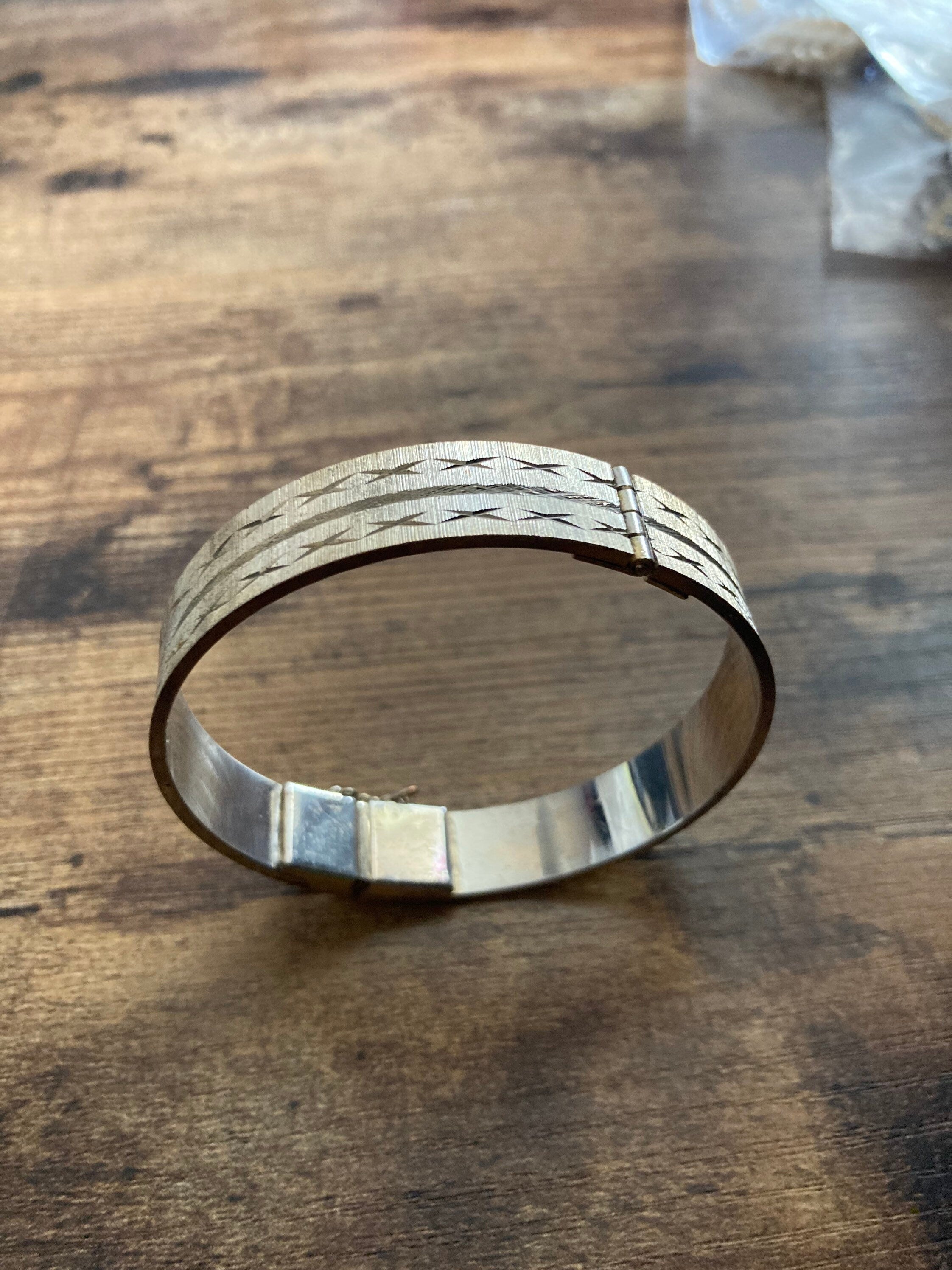 1980s Champagne Gold tone etched wide clamper Bangle