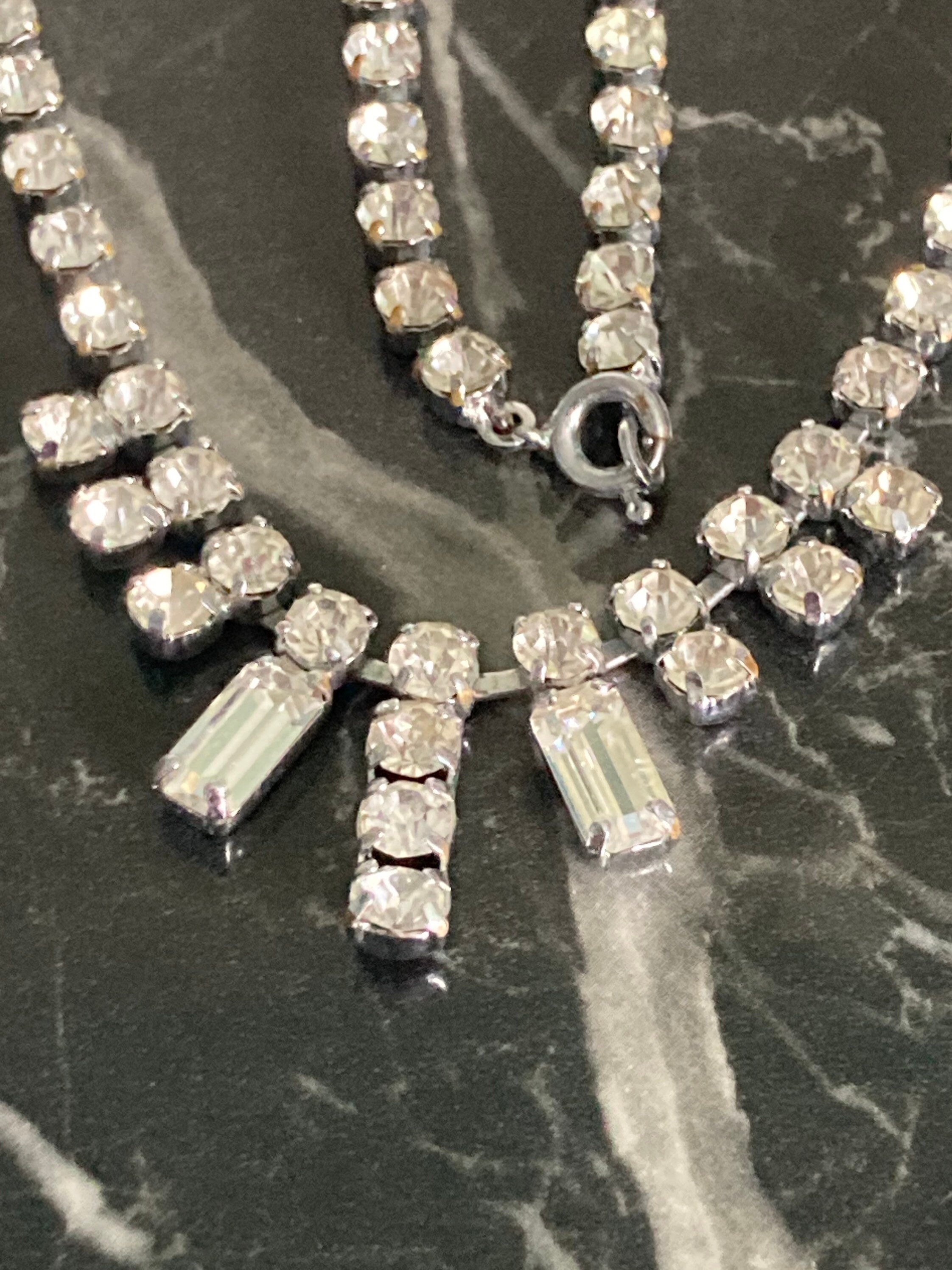 Vintage diamanté rhinestone crystal silver tone cocktail necklace 40cm super sparkly