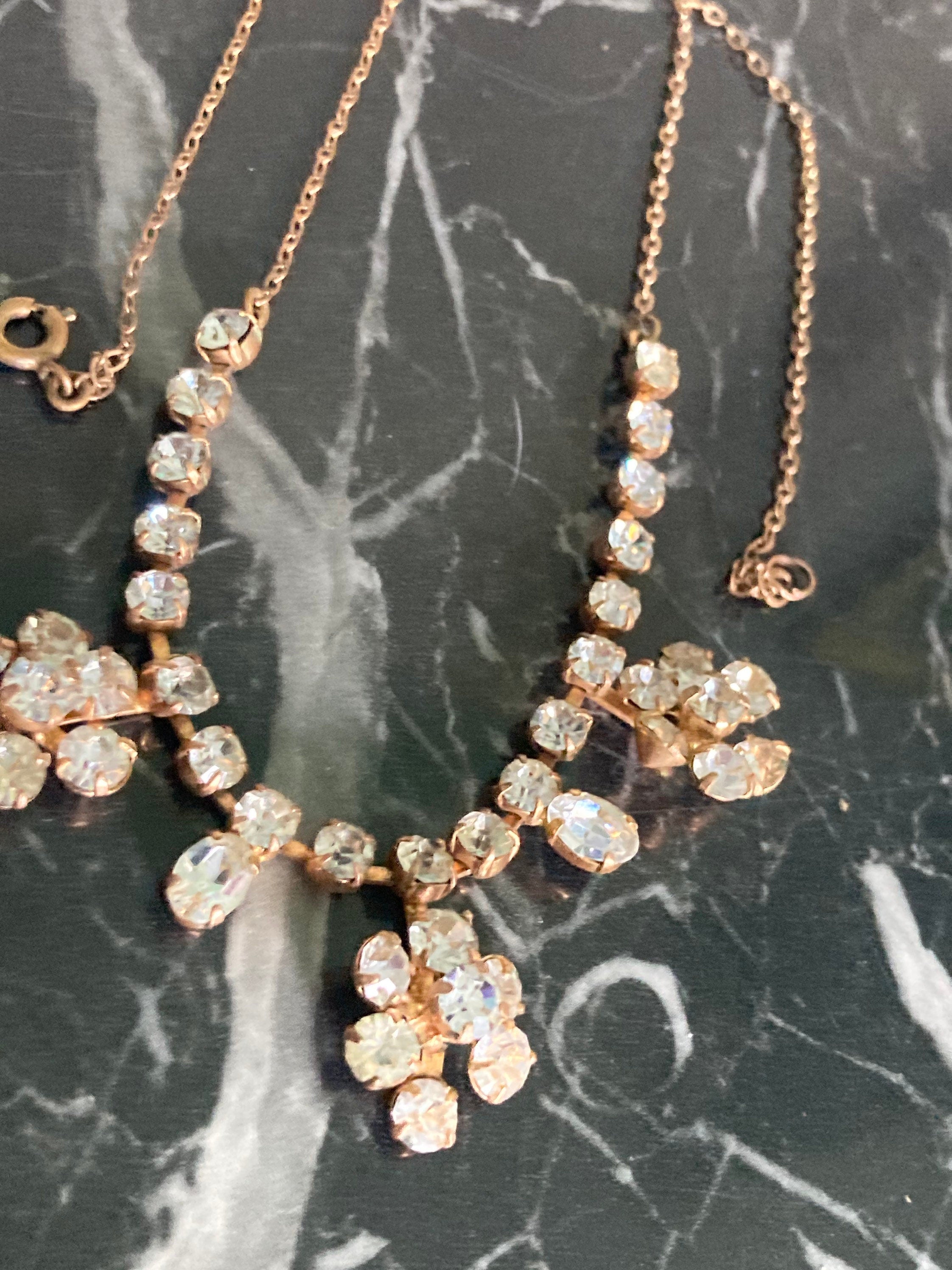 Vintage diamanté rhinestone crystal gold tone cocktail necklace 39cm
