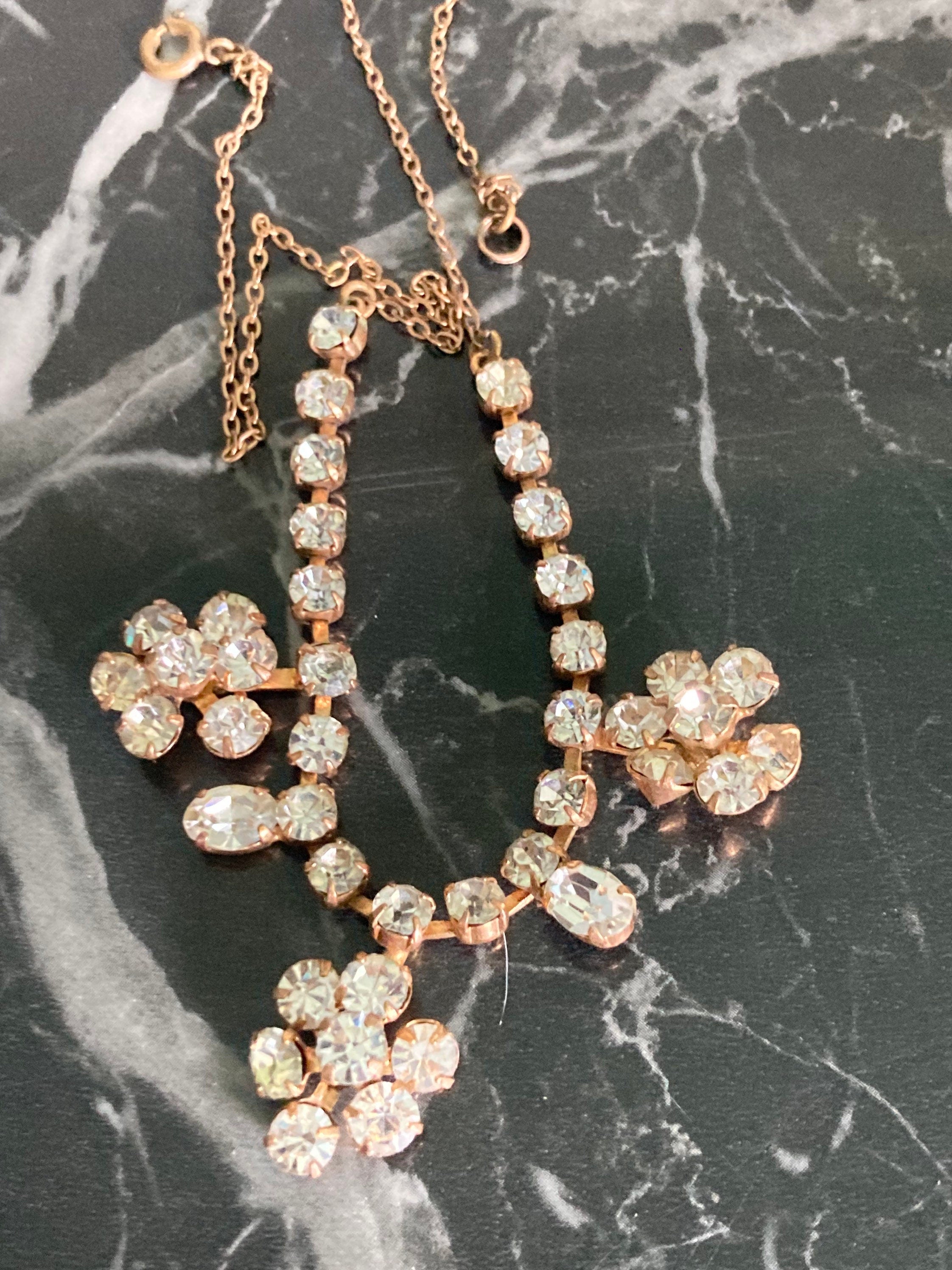 Vintage diamanté rhinestone crystal gold tone cocktail necklace 39cm