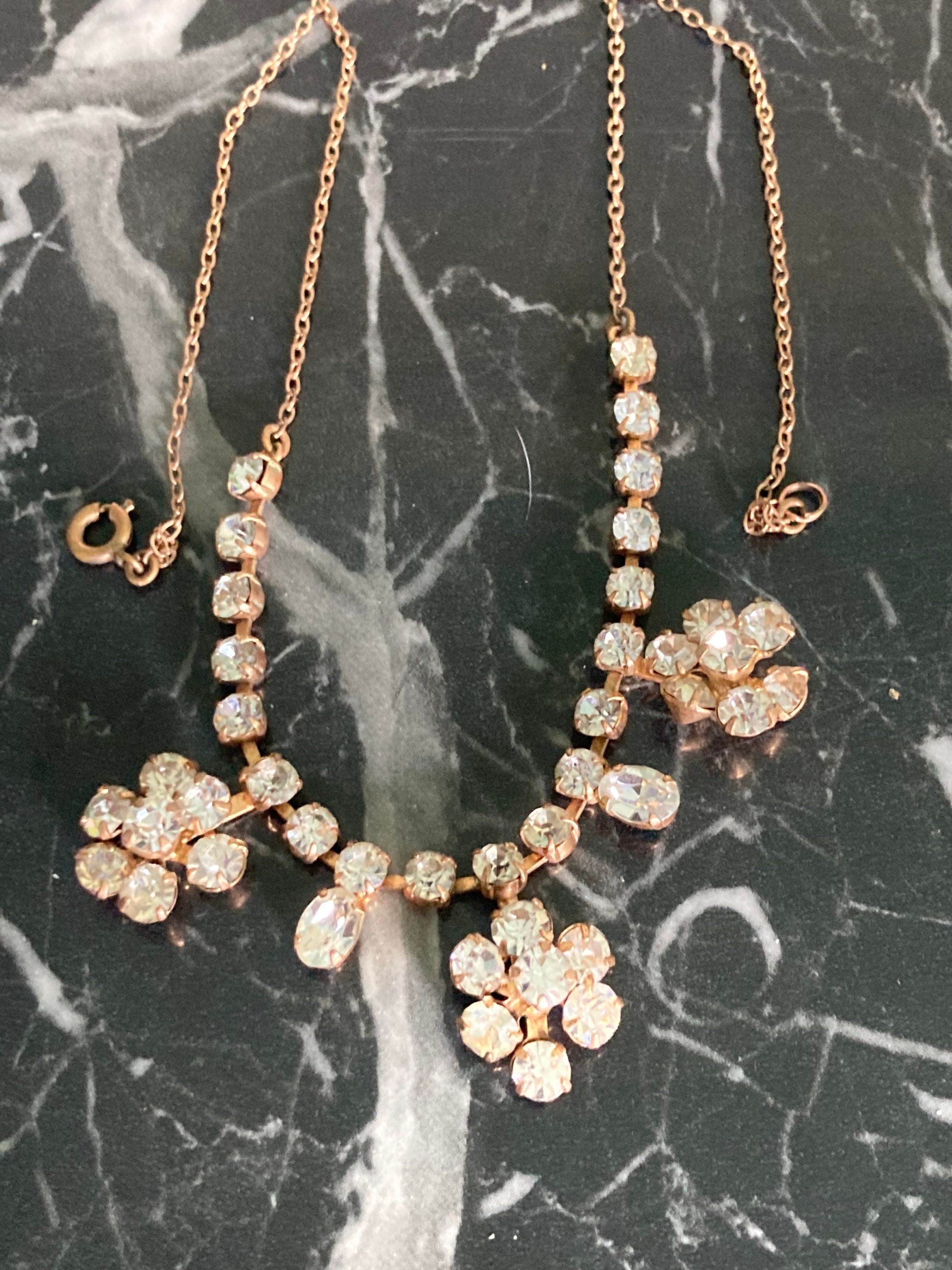 Vintage diamanté rhinestone crystal gold tone cocktail necklace 39cm