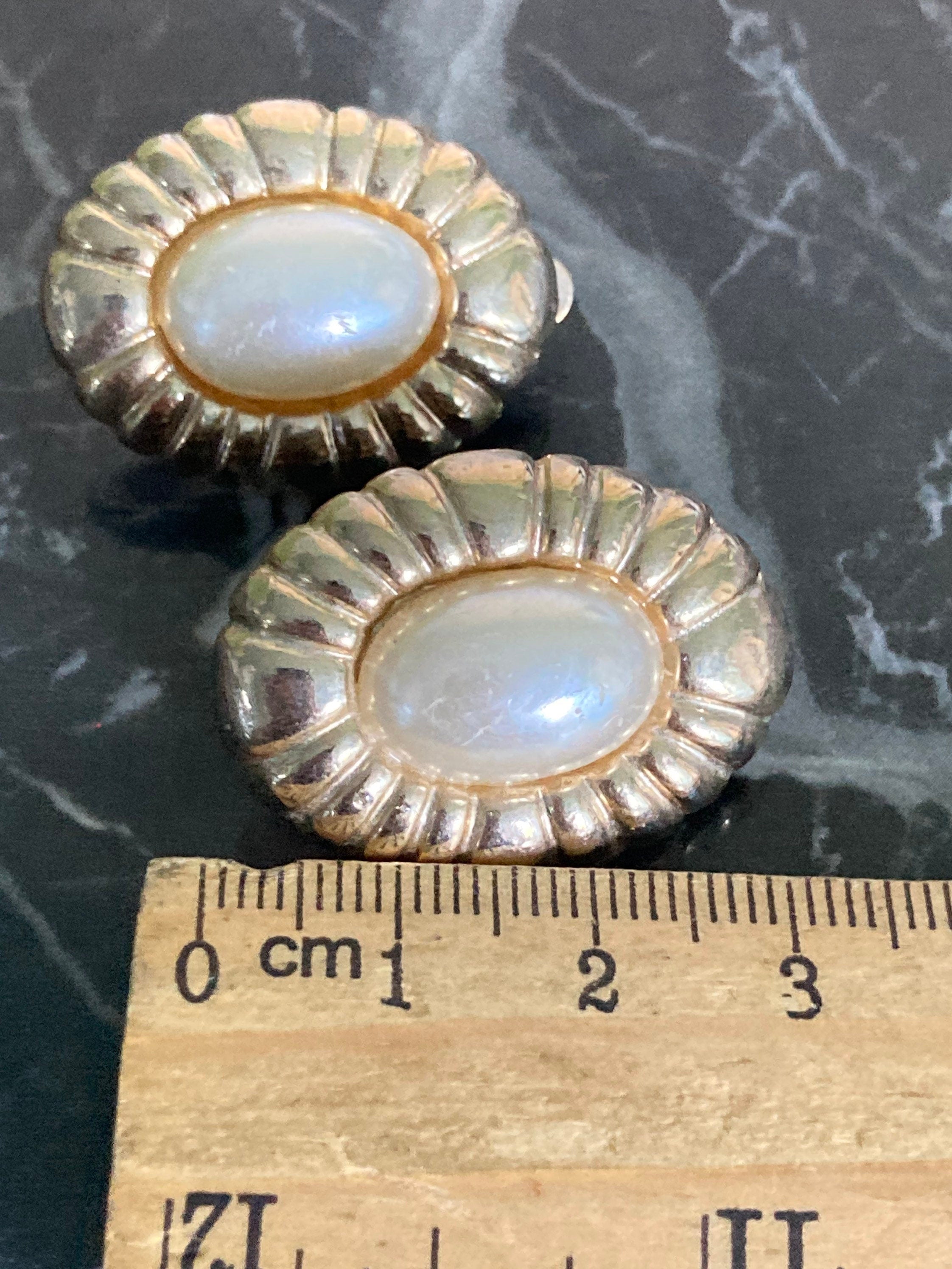 Large oval oversized faux Pearl cabochon gold tone clip on earrings 3cm