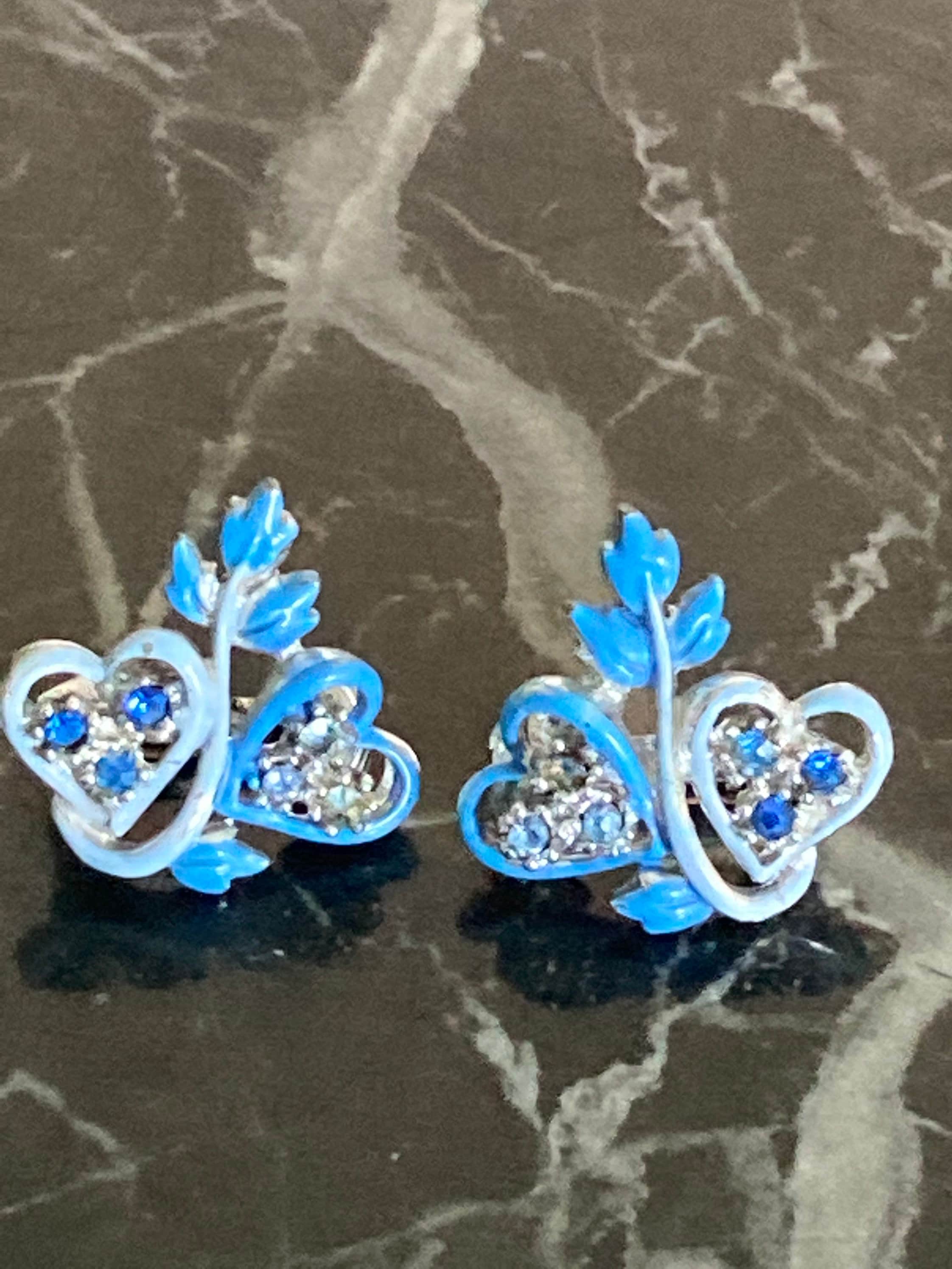 Vintage MCM blue enamel and diamanté silver tone clip on love heart earrings