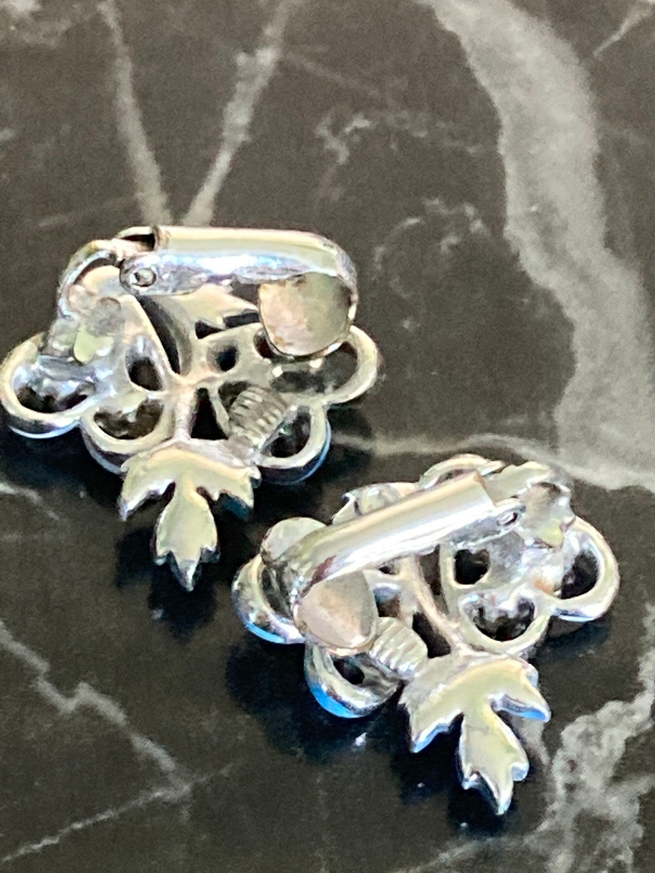 Vintage MCM blue enamel and diamanté silver tone clip on love heart earrings