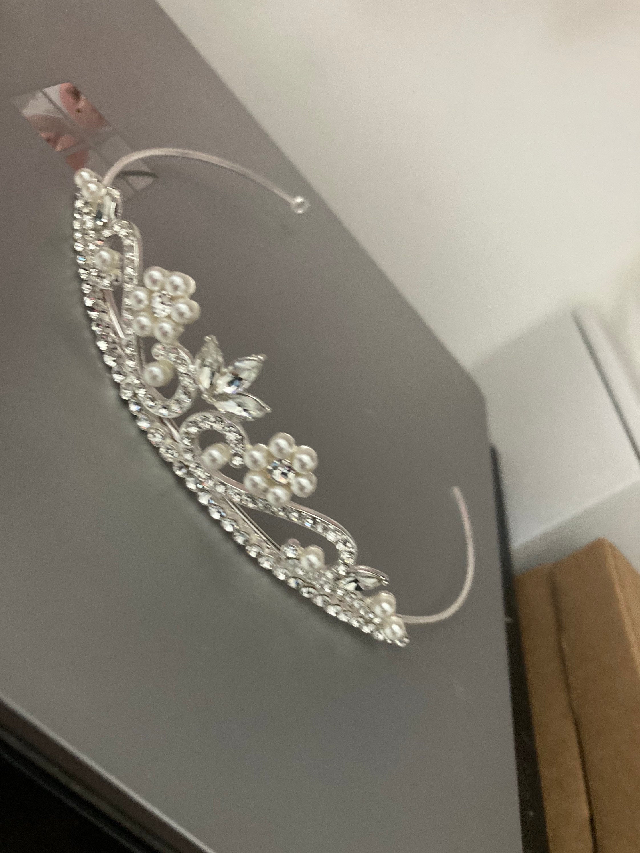 silver tone clear crystal rhinestone ladies girls tiara with faux pearls