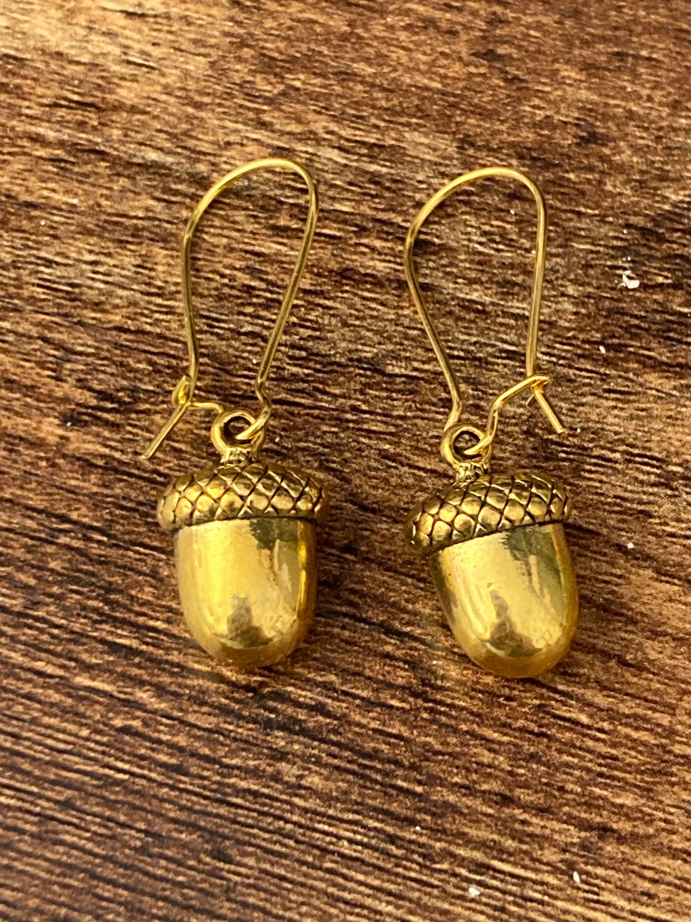 acorn drop earrings for pierced ears gold tone brass heavy